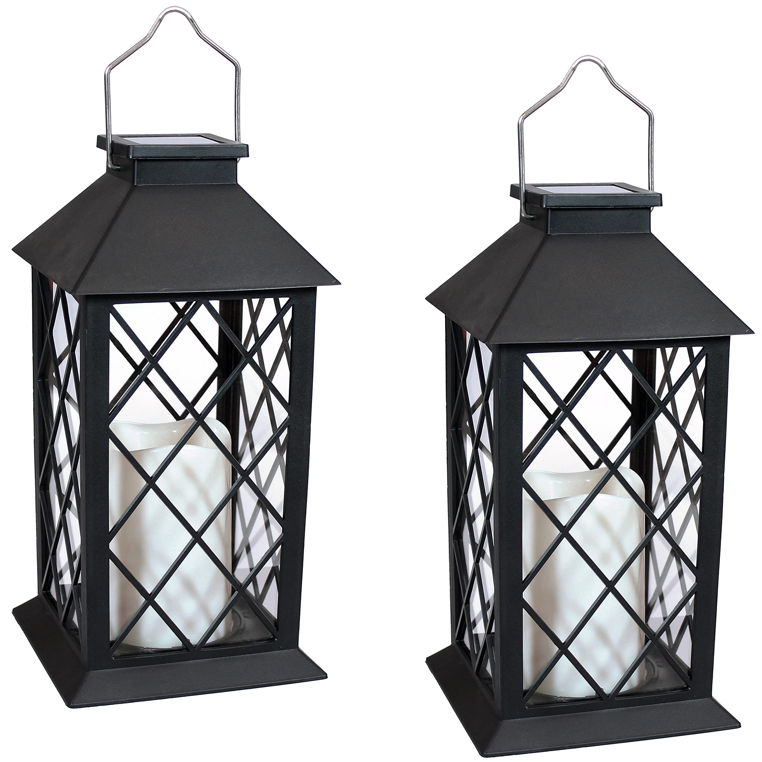 Sunnydaze Solar LED Candle Lantern Set of 2, 11-Inch, Black, Tabletop/Hanging, Model FOR-780-2PK, Polypropylene Material