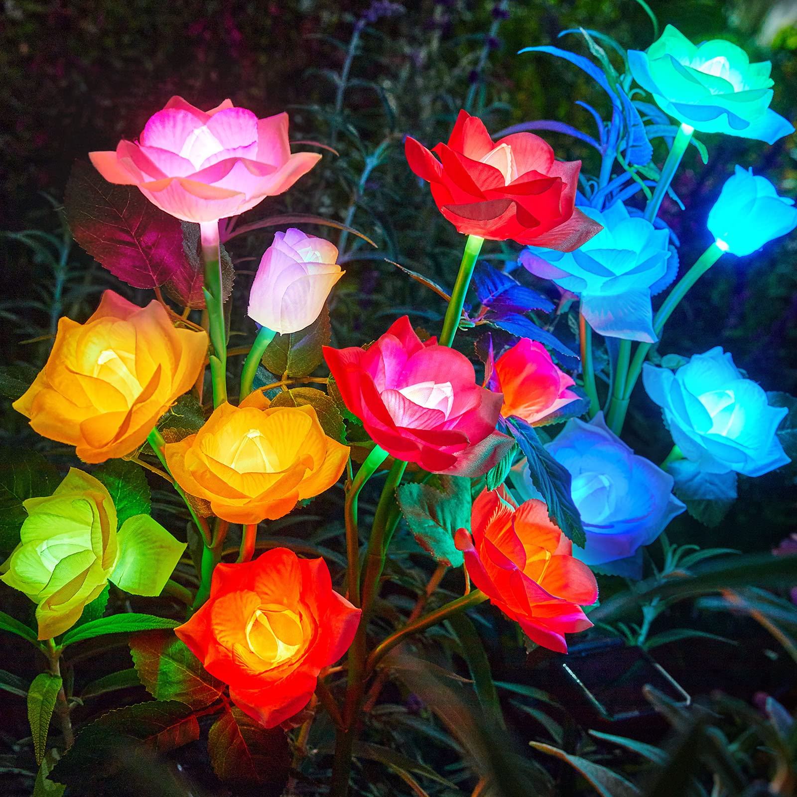 RECHOO Solar Garden Lights Outdoor Decorative, 3 Pack Solar Flower Lights with 15 Rose Flowers, Multi-Color Changing LED Waterpr