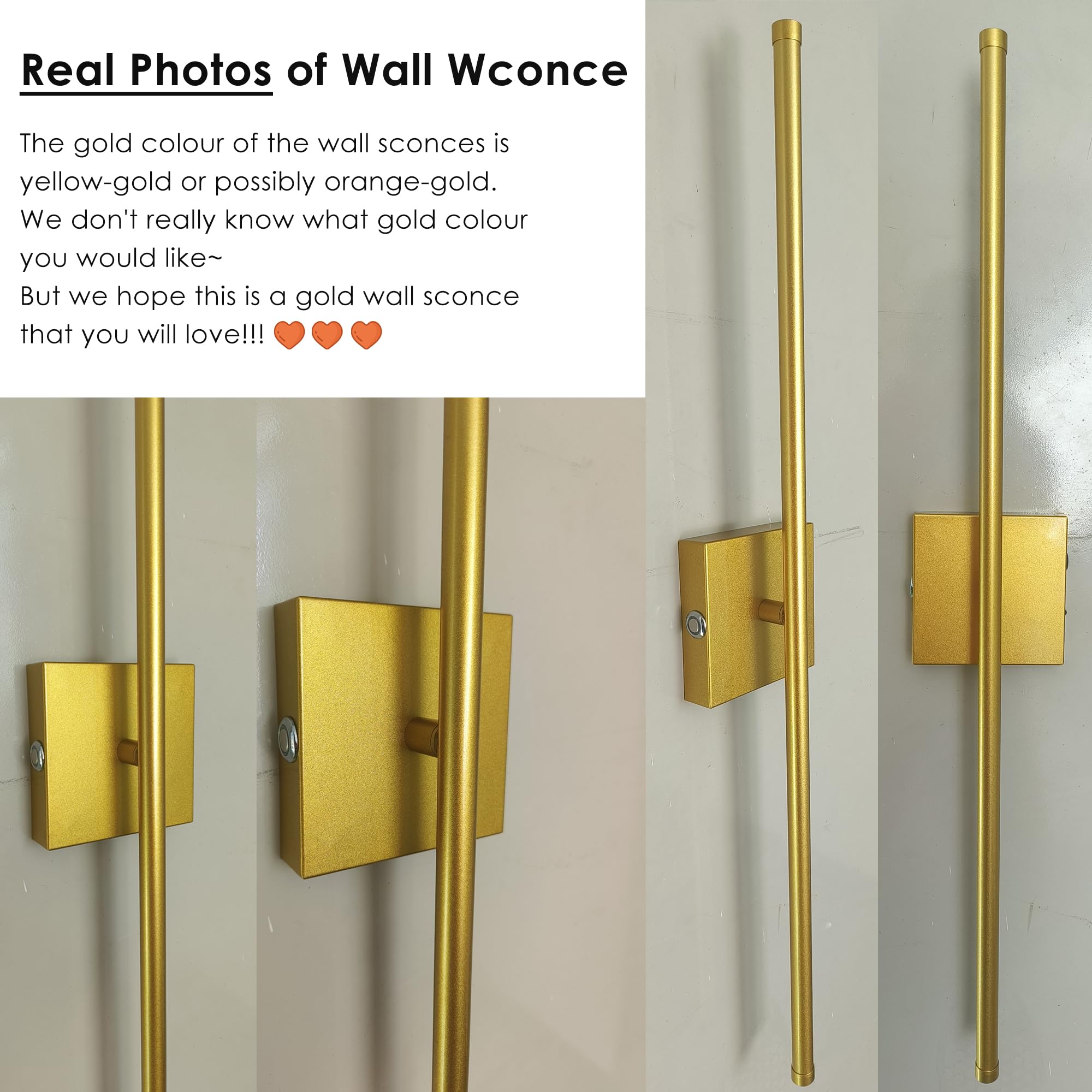 Morpholife LED Wireless Wall Sconce Set of Two - USB Rechargeable, Dimmable, 28.3" Gold Lamps for Hallway/Living Room/Bedroom