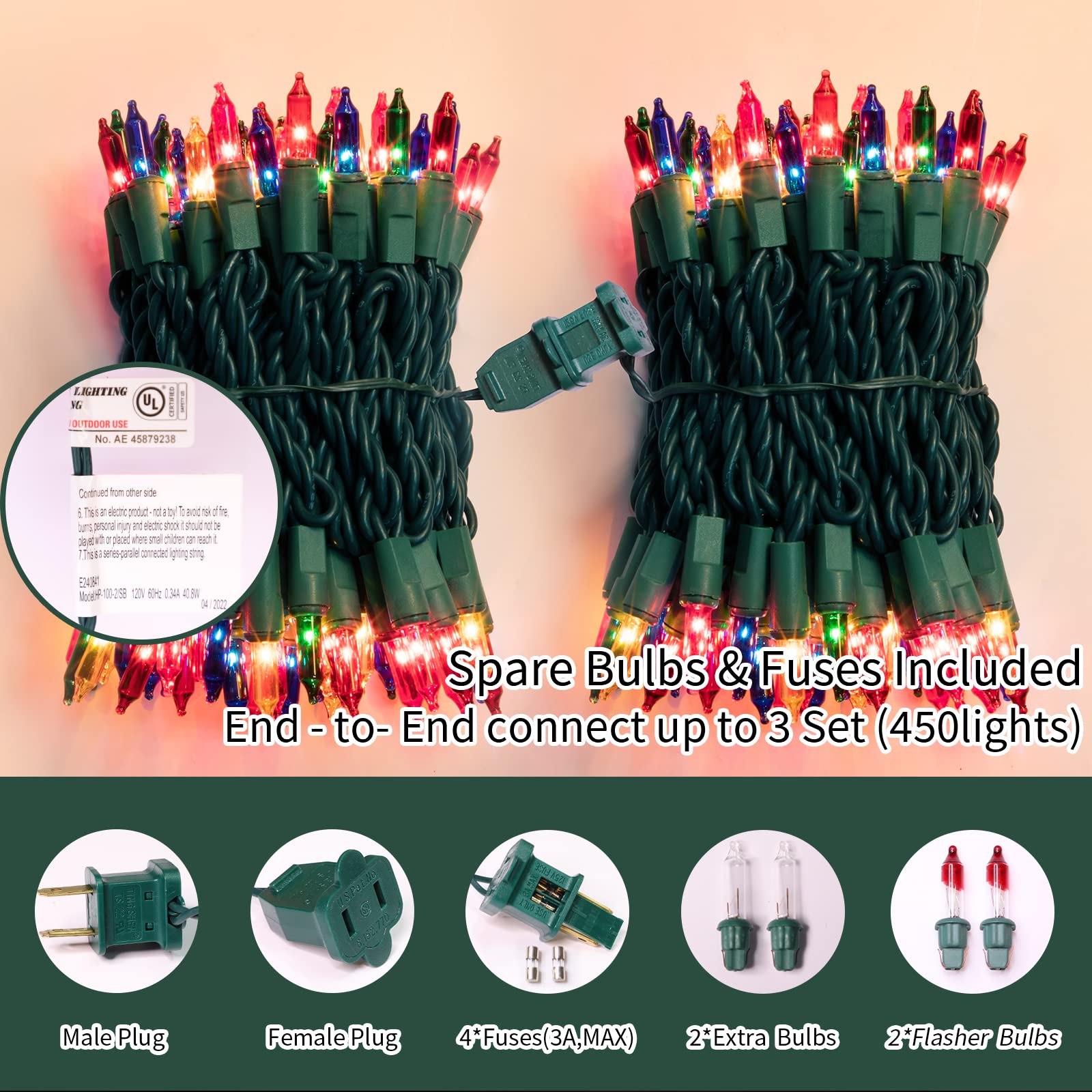 Lamphome Super-Bright Extendable Multicolor Christmas Lights Decoration 300Lights 63.8Ft(2Pk Of 150L) Ul Certified Mini Bulb String Lights For Outdoor Christmas Tree Garden Holiday Party Patio Decor