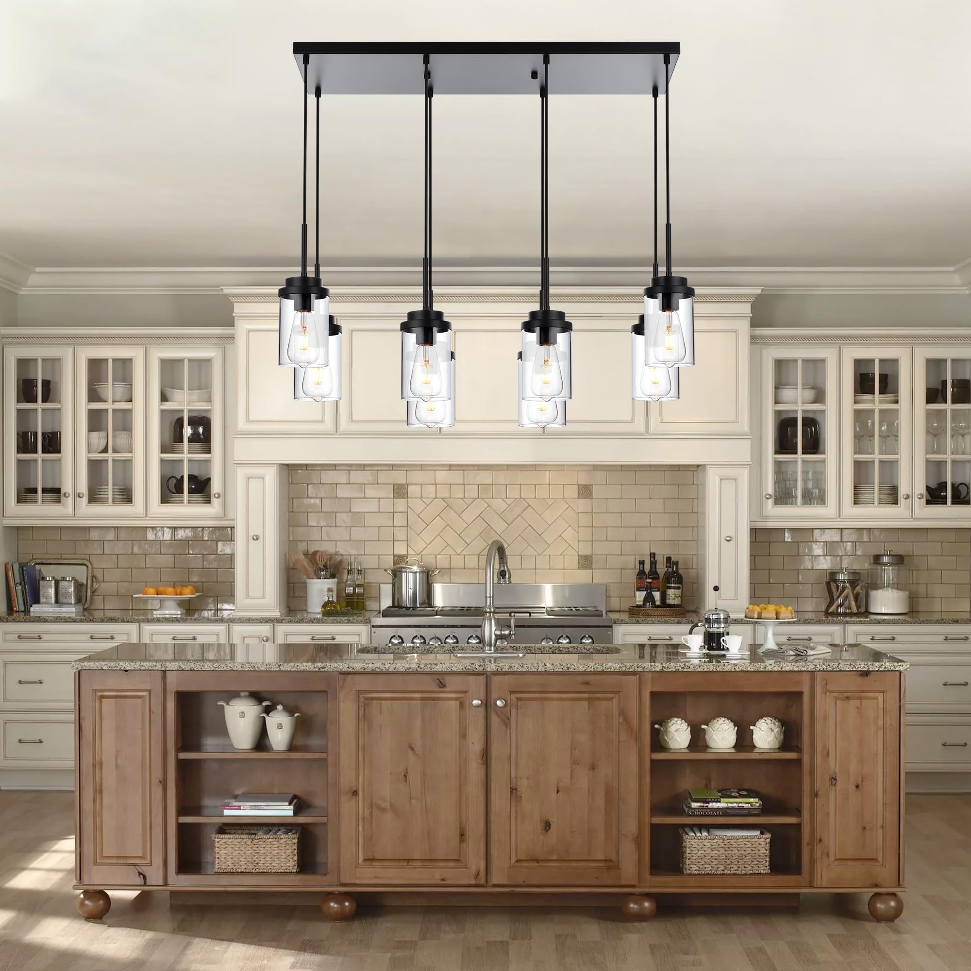 MELUCEE 8 Lights Linear Chandelier Lighting Black Metal Pendant Light 31.5in