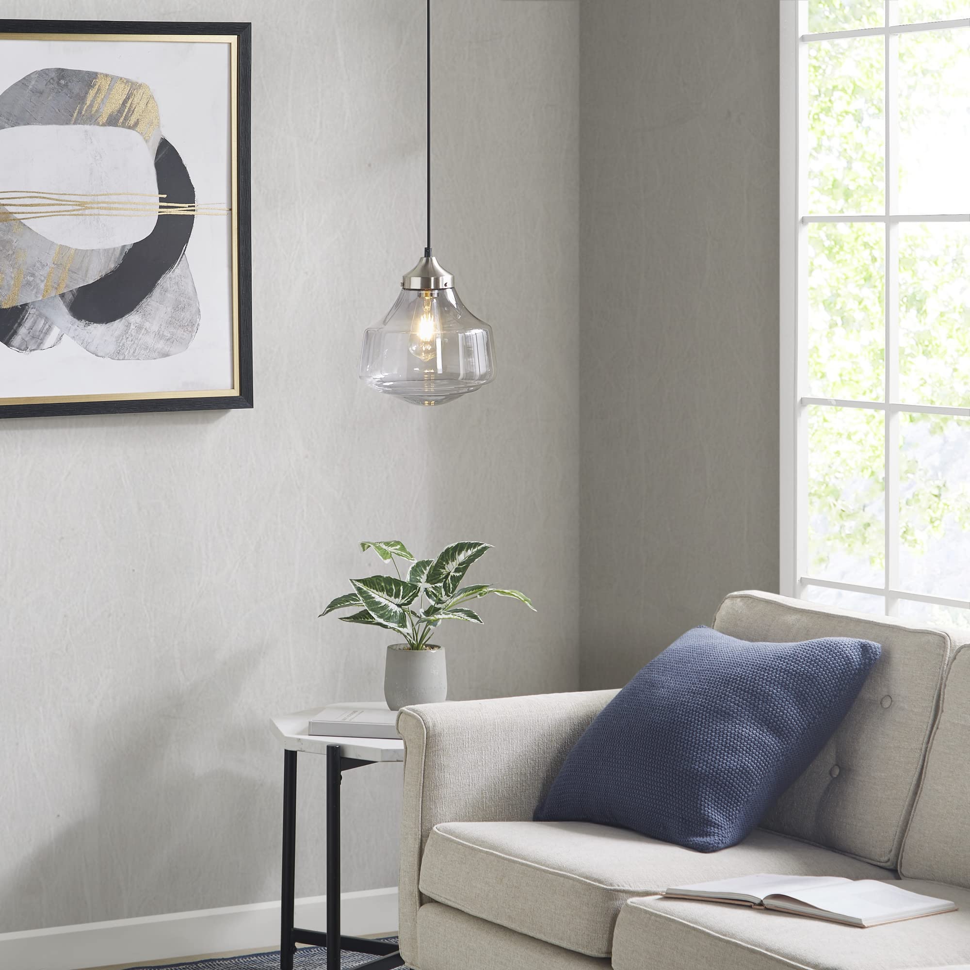 Hampton Hill Glass Pendant Light Fixture, Adjustable Bell-Shaped, Iron/Glass, 9.75in Dia x 49.25inH, Smoke Grey, Model FB151-1161