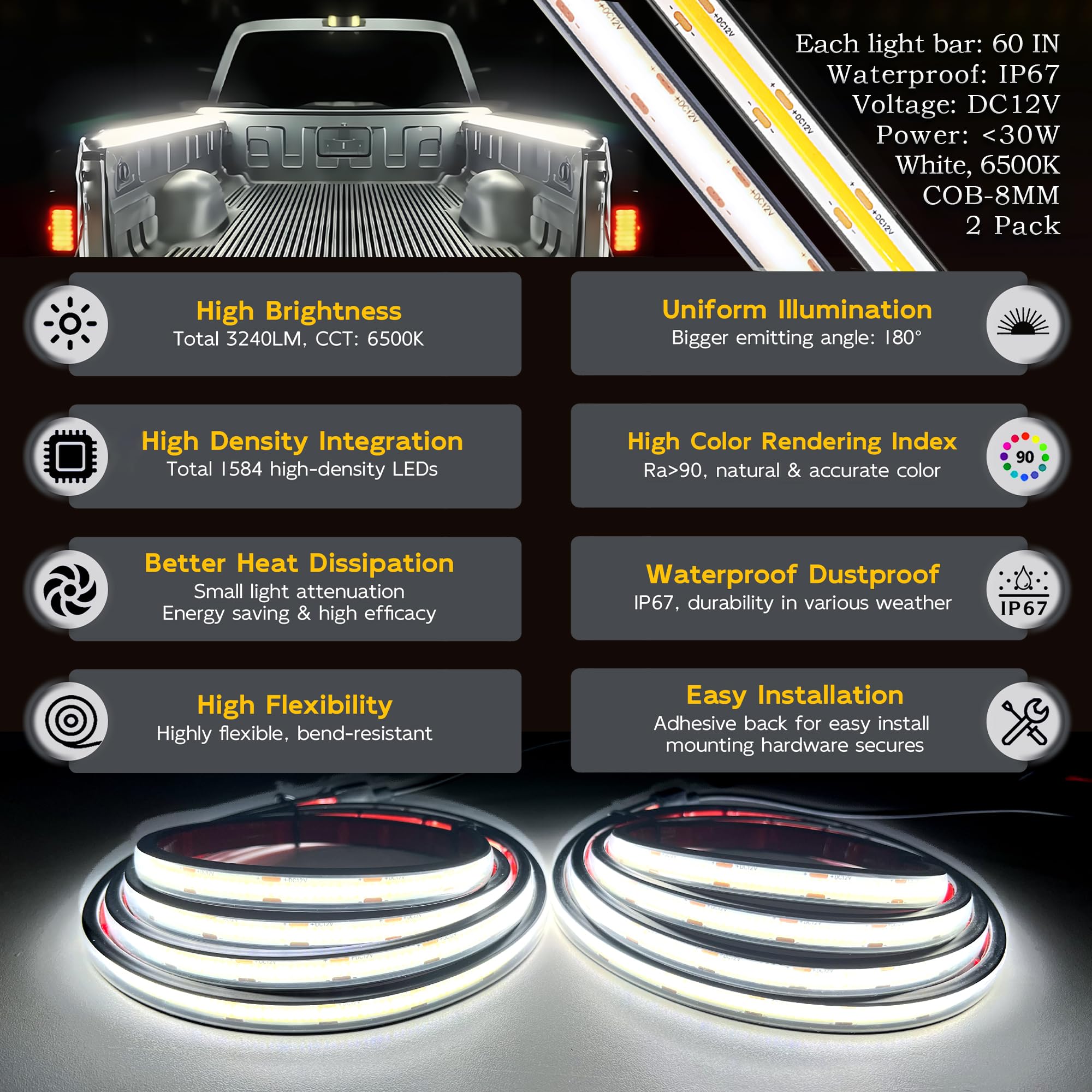 Canria Led Truck Bed Lights  60 Inches  2 Pack  Cob 1584 Leds  White 6500K 12V  30W  Ip67  With Switch  5A Fuse Holder  Easy Install  Ideal For Truck Cargo Lighting  Pickup Truck Suv Rv Boat