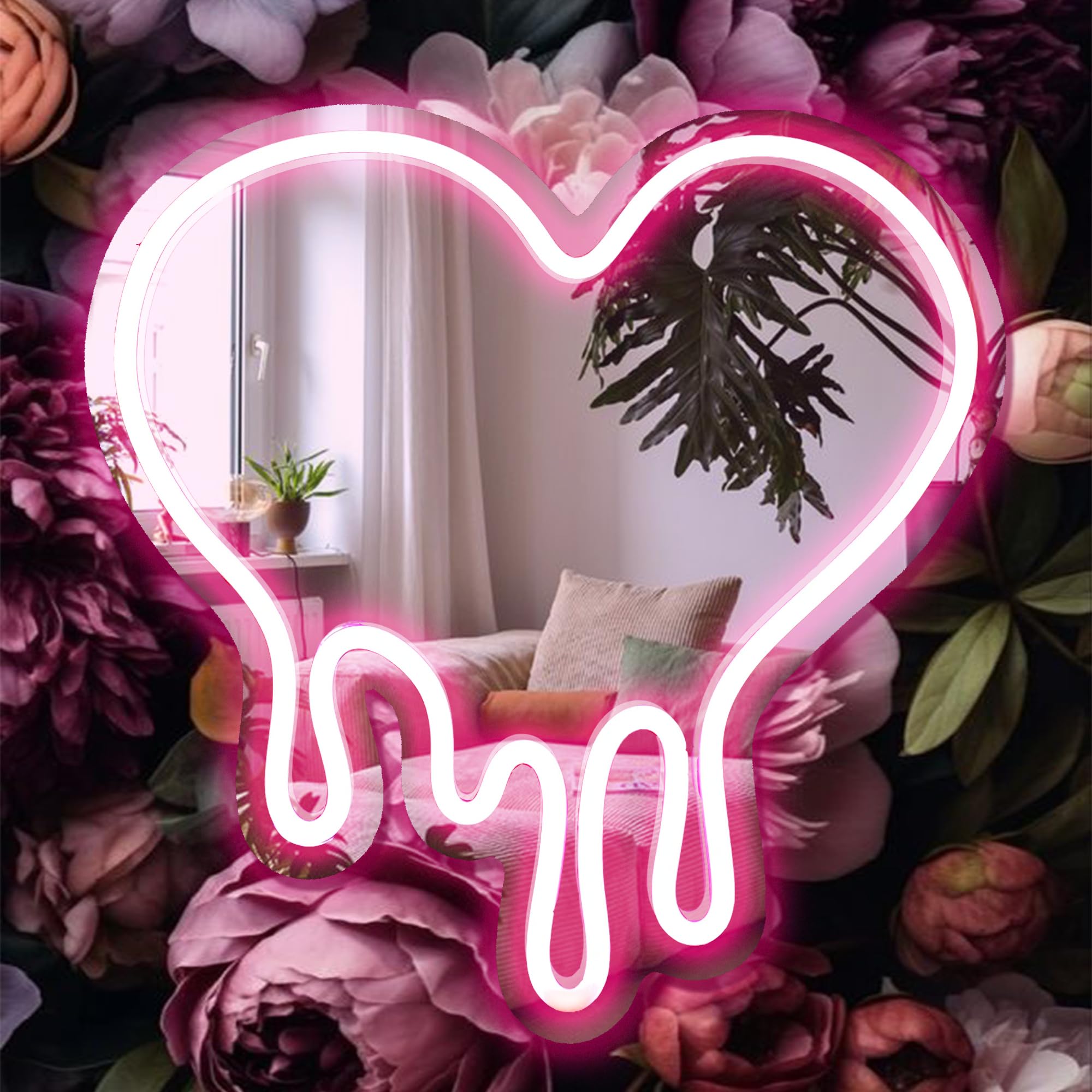DECANIT Heart Neon Sign - USB Powered LED Light, 12inx12in, Pink Decorative Wall Mirror, Ideal for Bedroom and Party Decor, Model NN-0038