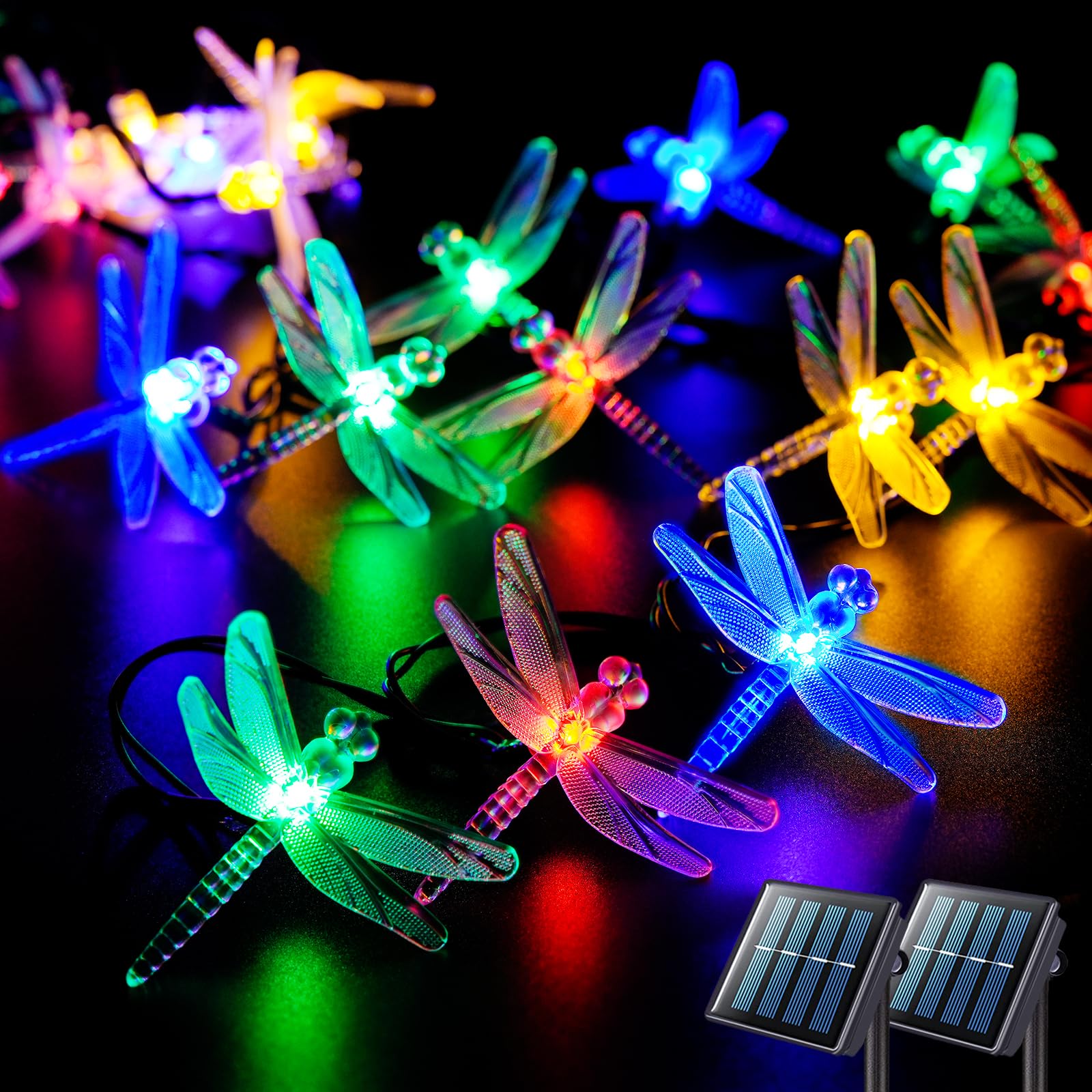 JMEXSUSS Dragonfly Solar String Lights Outdoor, 25.6FT 30 LED Waterproof Solar Fairy Lights, 8 Modes Multicolor Light Outdoor fo