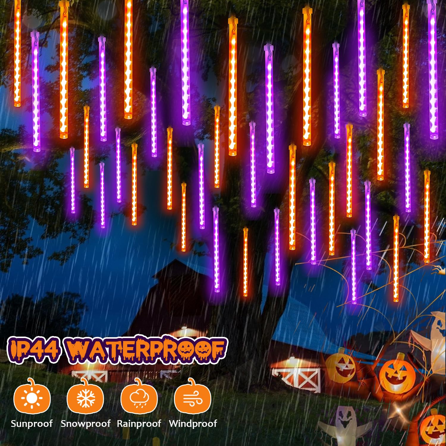 EXF 2-Pack Meteor Shower Lights Outdoor Waterproof 384 LED Plug in 30cm Orange and Purple Model MLS-D5V3.6WUT-O