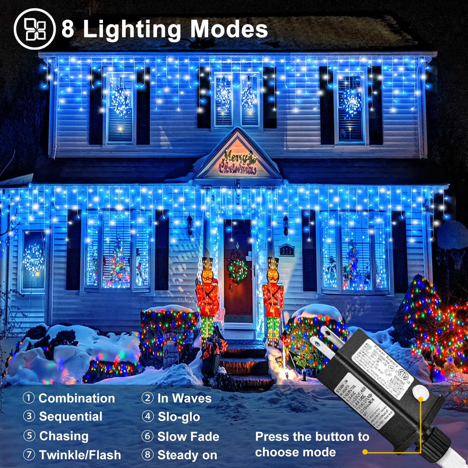 99Ft Blue And White Christmas Lights  1216 Led Icicle Lights For Outside House Clear Wire Twinkle Light With 8 Modes Timer Waterproof For Window Party Tree Holiday Patio Yard Home Decor