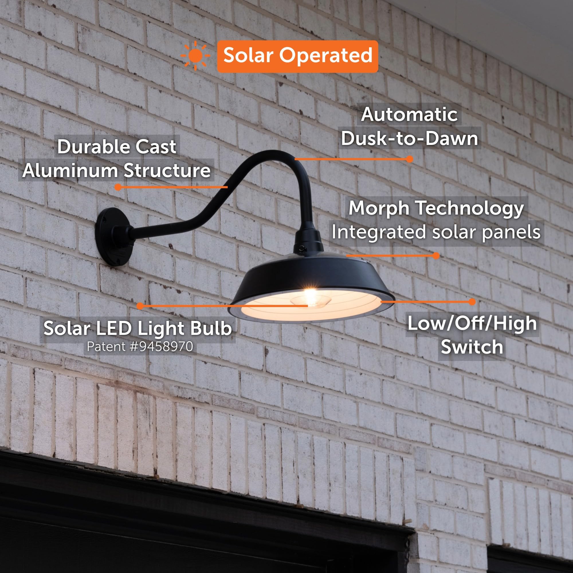 Gama Sonic Solar Barn Light For Outdoors With 14.5    Metal Dome Lamp, Bright 250-Lumen Led, Wall-Mount Gooseneck, Dusk-To-Dawn,