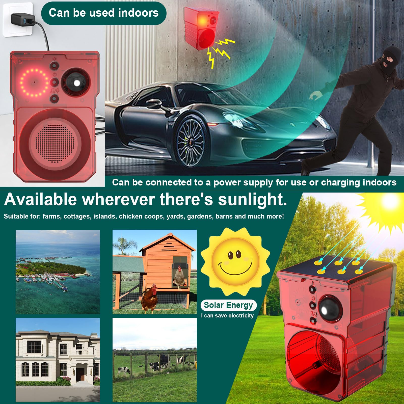 SENKEFEI SS Solar Motion Sensor Alarm - Remote Control, Loud Noise Maker, Red, Model JBQ-X Pro Max for Homes and Farms