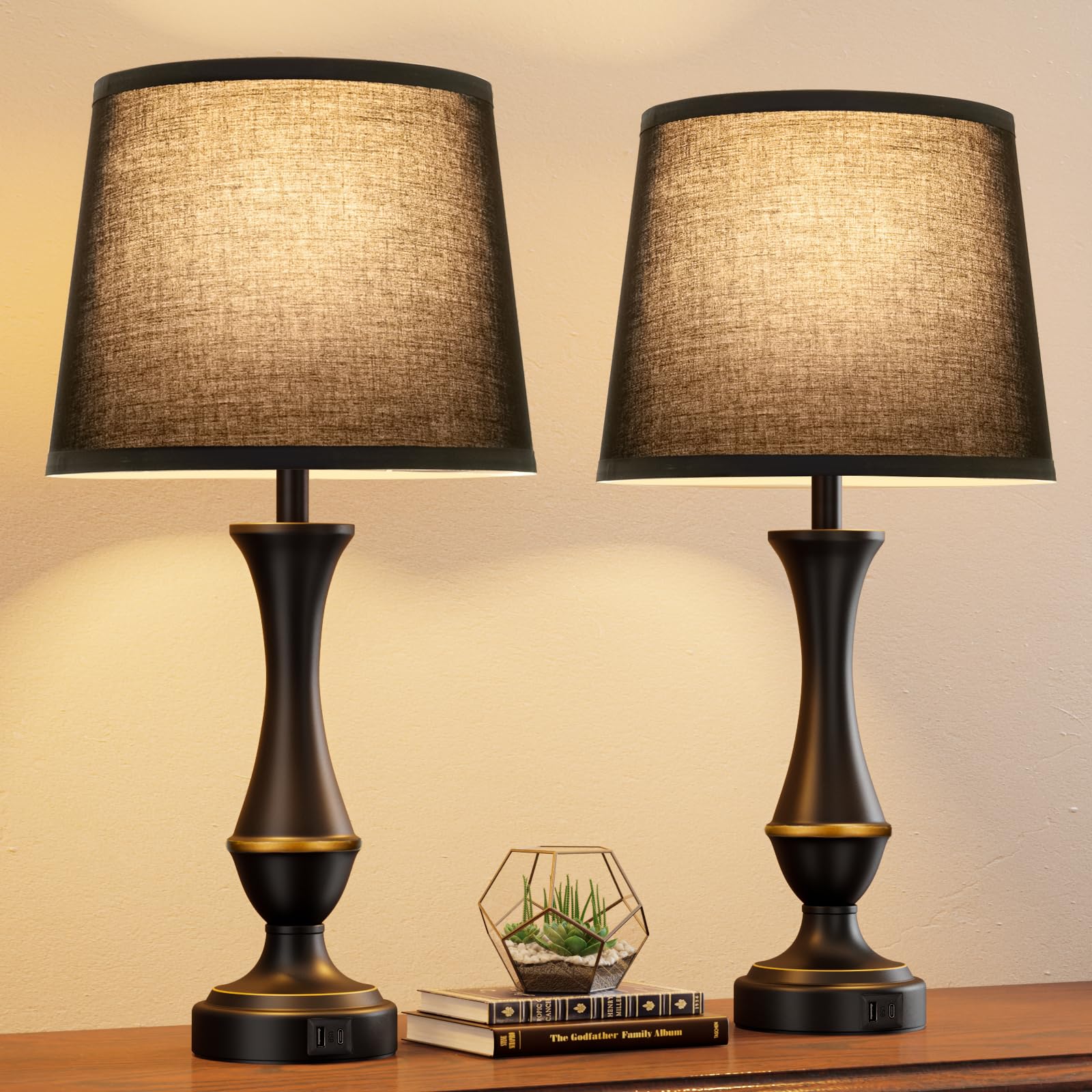 Seealle Upgraded Touch Lamps for Night Stands Set of 2 - Bedside Lamps with USB C+A  3 Way Dimmable for Bedroom Living Room End Tables Office (Black)