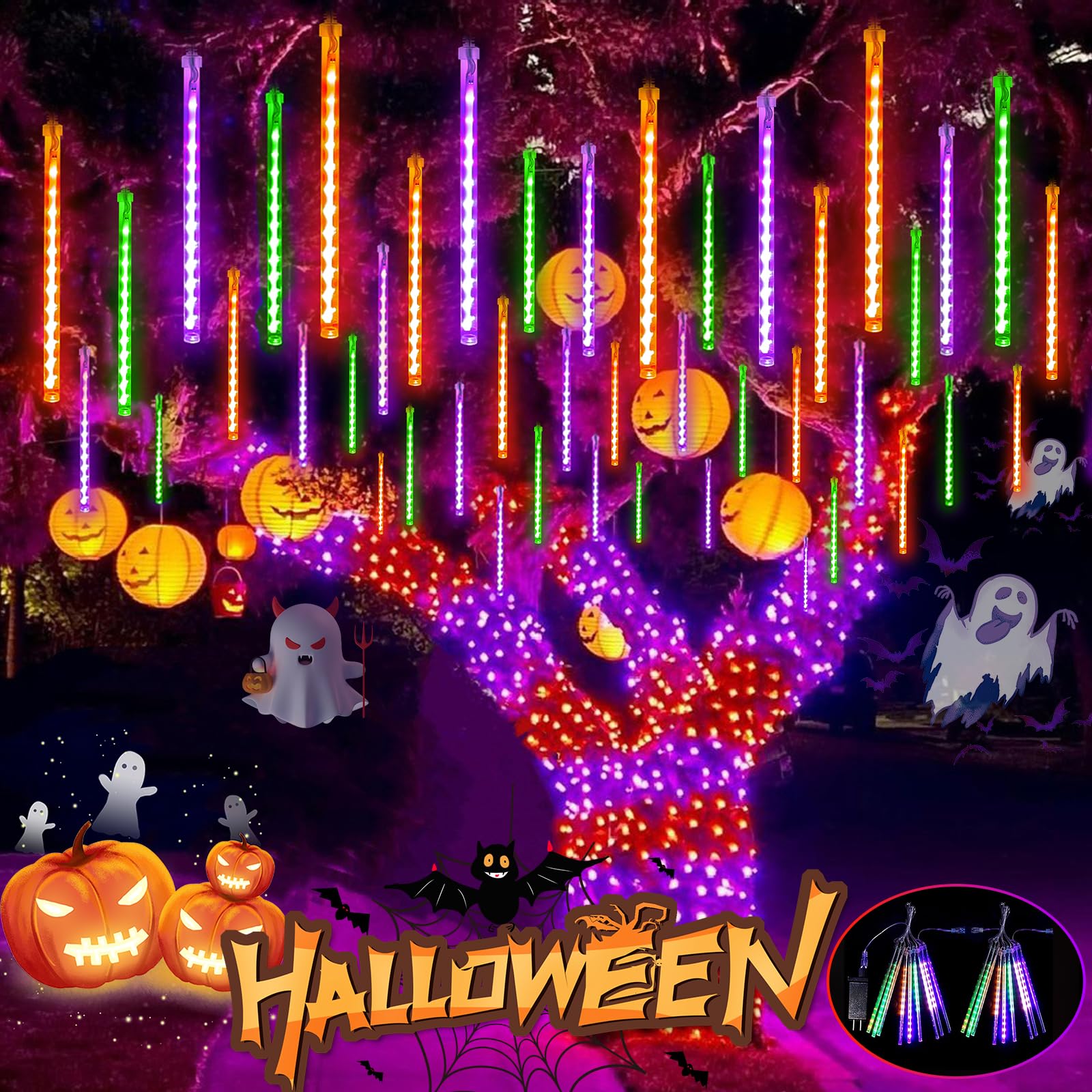Outdoor Halloween Lights, 2 Pack Extendable Meteor Shower Lights Outdoor Waterproof with Timer, Total 432LED 18 Tubes Cascading