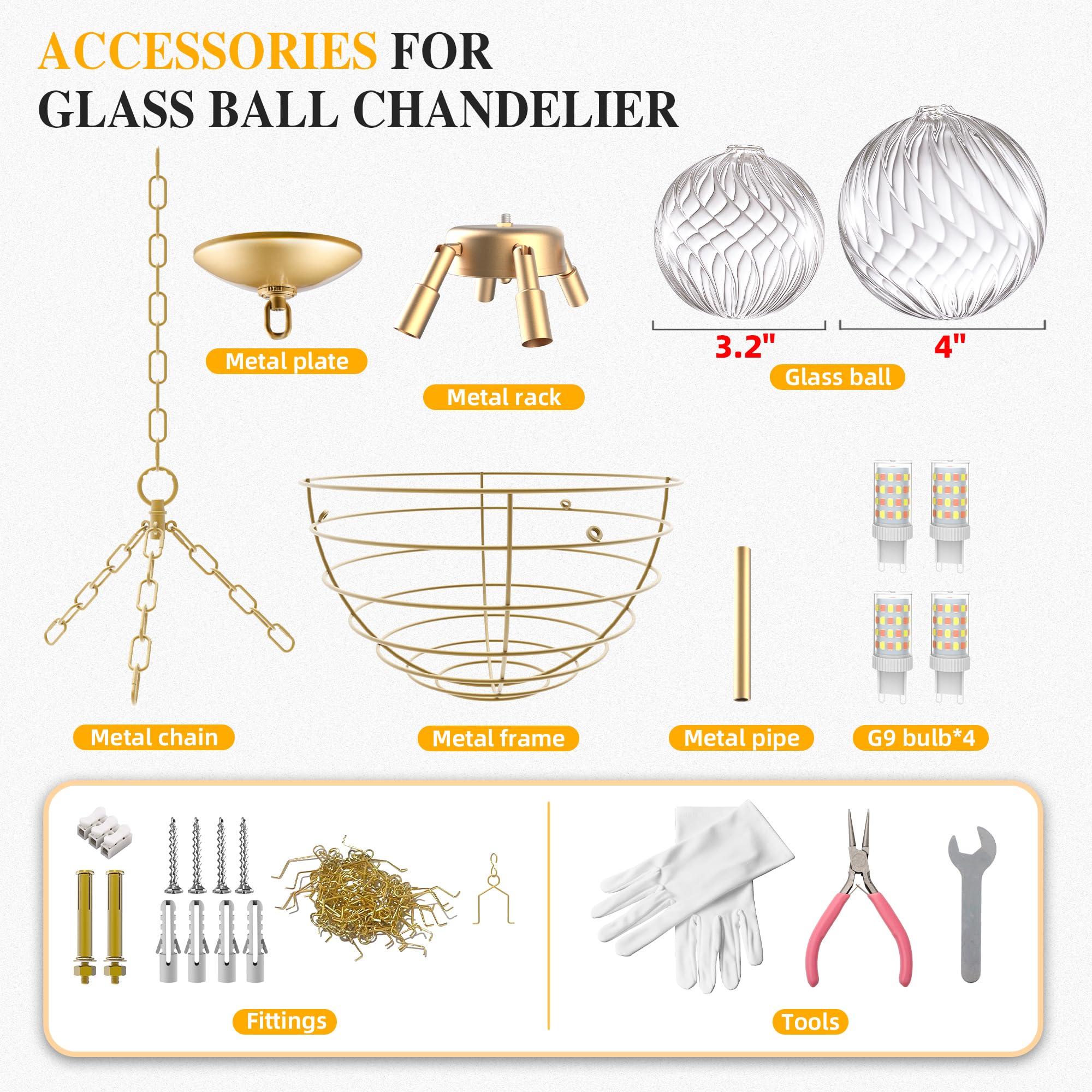 Beypan Gold Bubble Chandelier Lighting Dia 20" Swirled Clear Ribbed Hand Blown Glass Ball Chandeliers Hanging Decorative Light Fixture For Living Room Hallway Entryway Foyer Dining Room