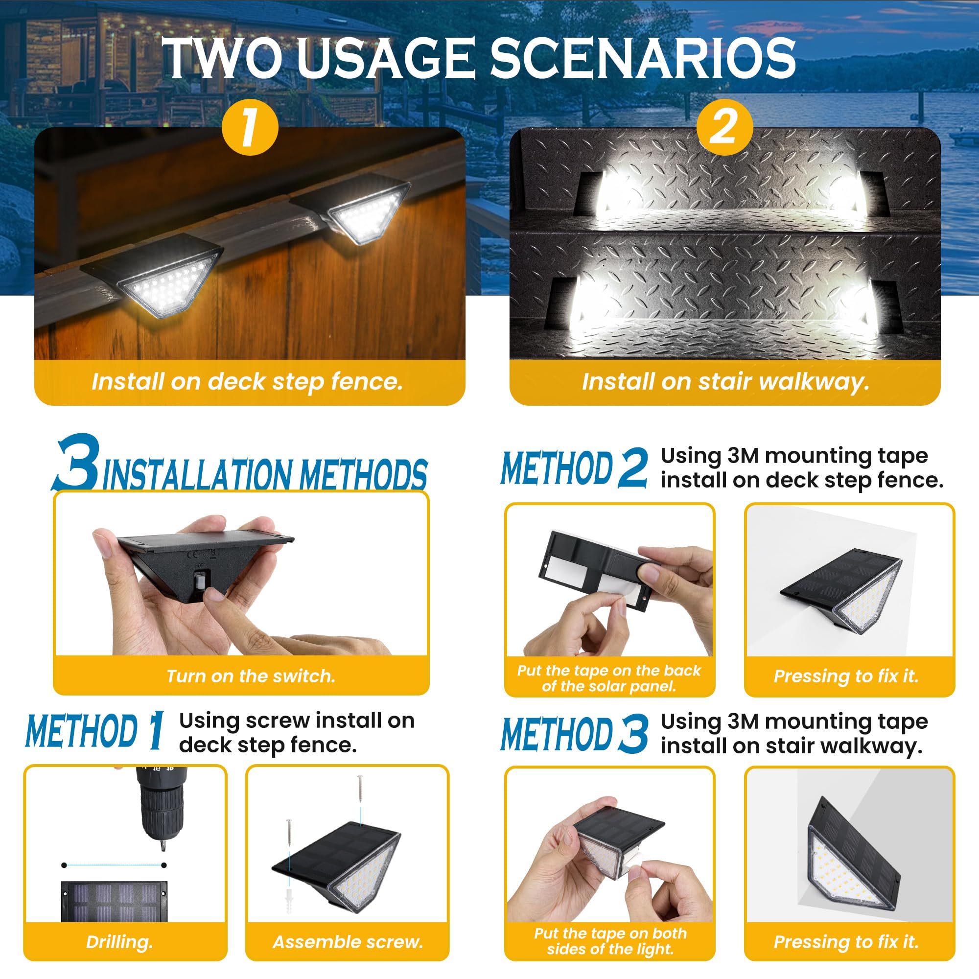 SOLPEX Solar Step Lights, 24 LEDs Waterproof Outdoor Stair Lights, 12 Pack Cold White, Ideal for Patio, Deck, Garden, Model 8879