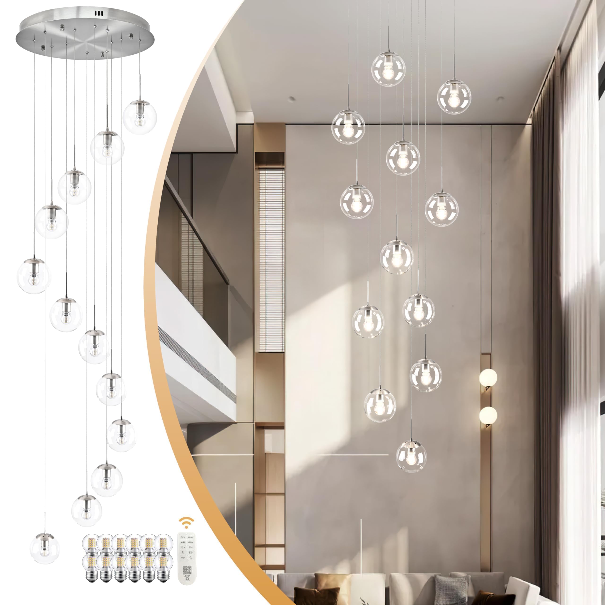KoKo&Yukina 12-Light Chandelier, Clear Globe Glass, Nickel Finish, D23.6in, Model LT01-QN-12, Ideal for Living Room and Entryway