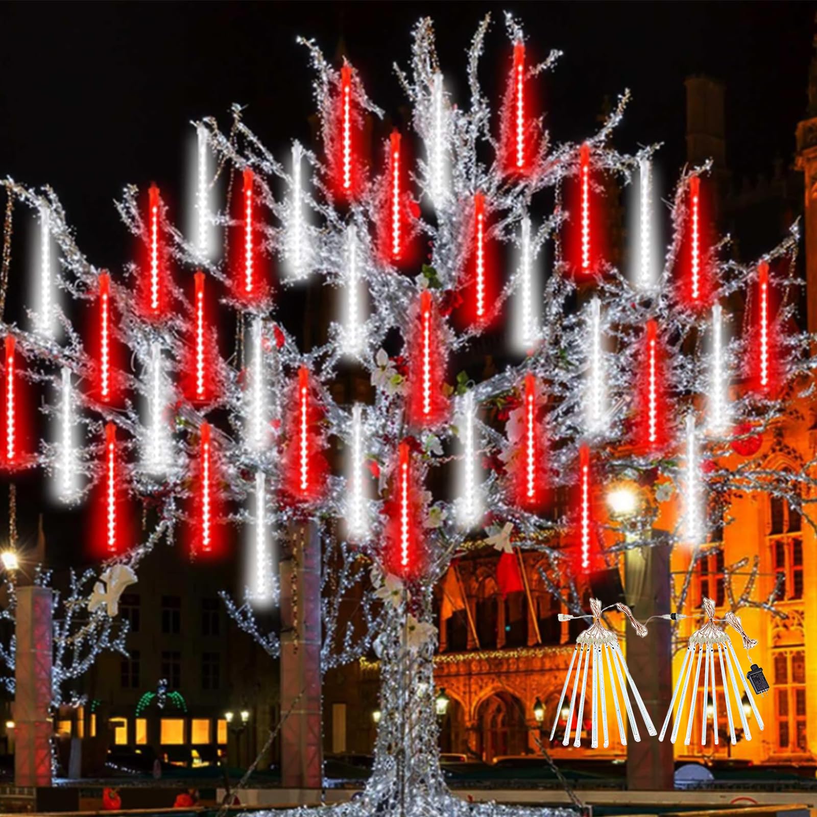 2 Pack Christmas Decorations Lights Outdoor, Extendable Meteor Shower Lights With Timer, Total 384Led 30Cm 16 Tubes Indoor Outdo