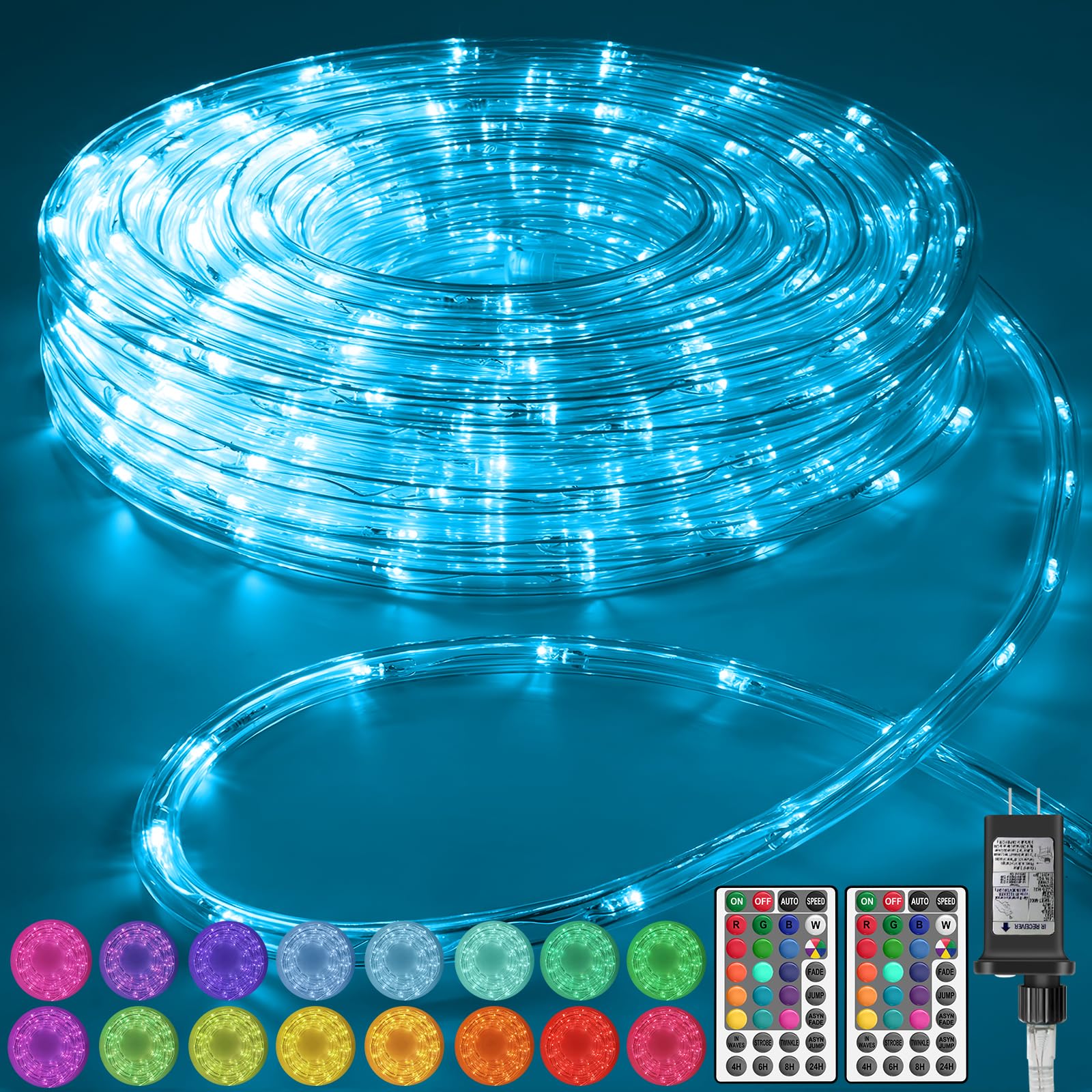 SINGCHUNGTE LED Color Changing Rope Lights, 50Ft, Waterproof, 21 Colors, Remote Control, Plastic Tubes, Model GZD