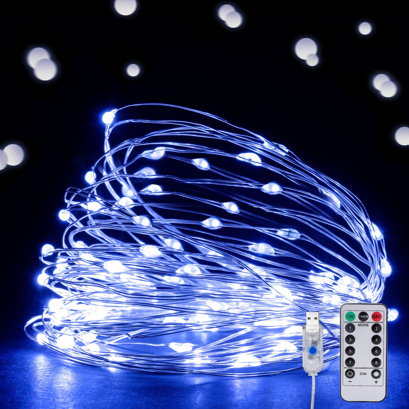 Ehome String Lights, USB Fairy Lights Plug in 33 ft 100 LED Twinkle String Lights Silver Wire Lights with Remote and Timer 8 Modes Outdoor Indoor Waterproof Starry Lights DIY Party Wedding, Blue