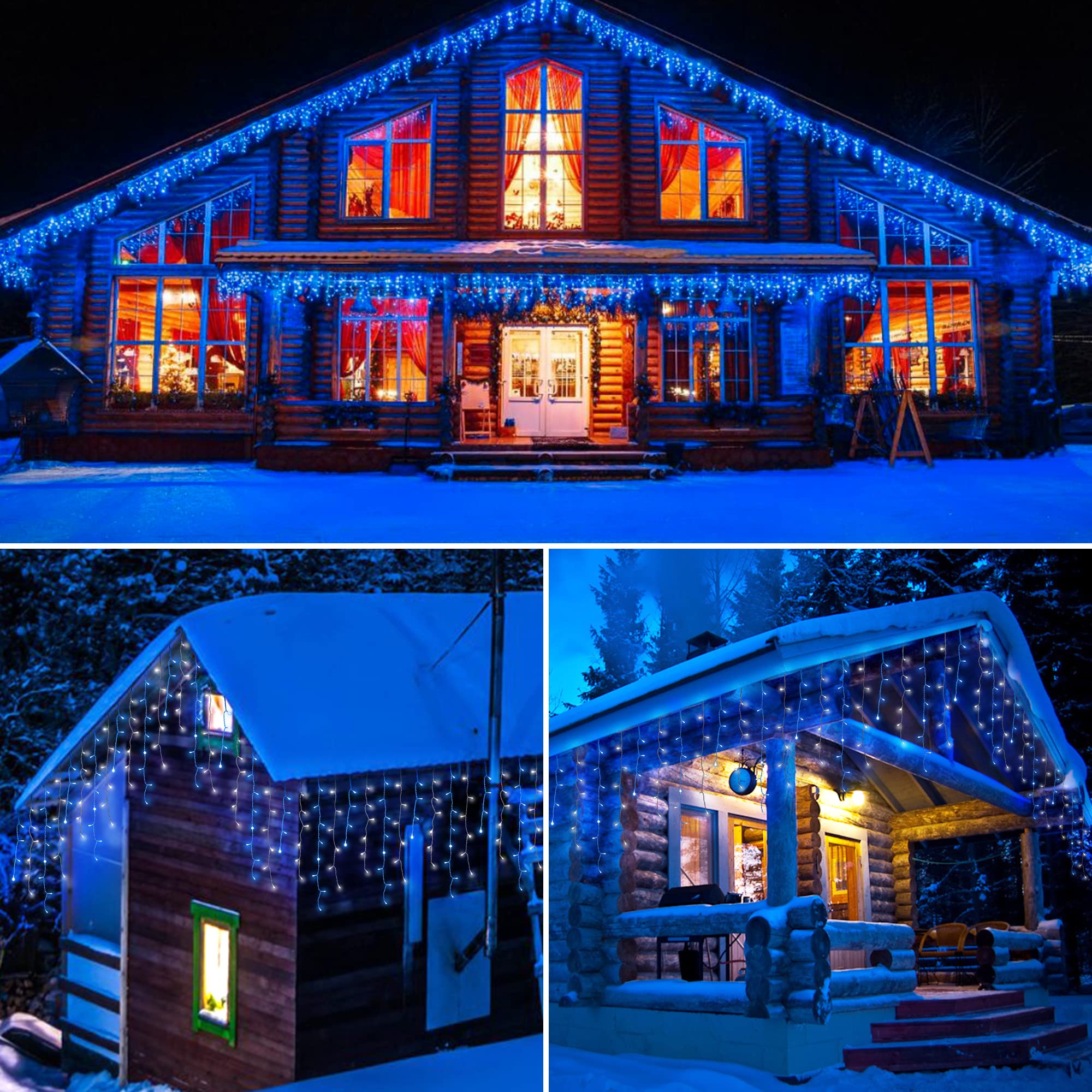 mimigogo 300 LED Solar Icicle Lights, 33ft, 8 Modes, Blue White, Remote Control for Outdoor Christmas Party Decorations