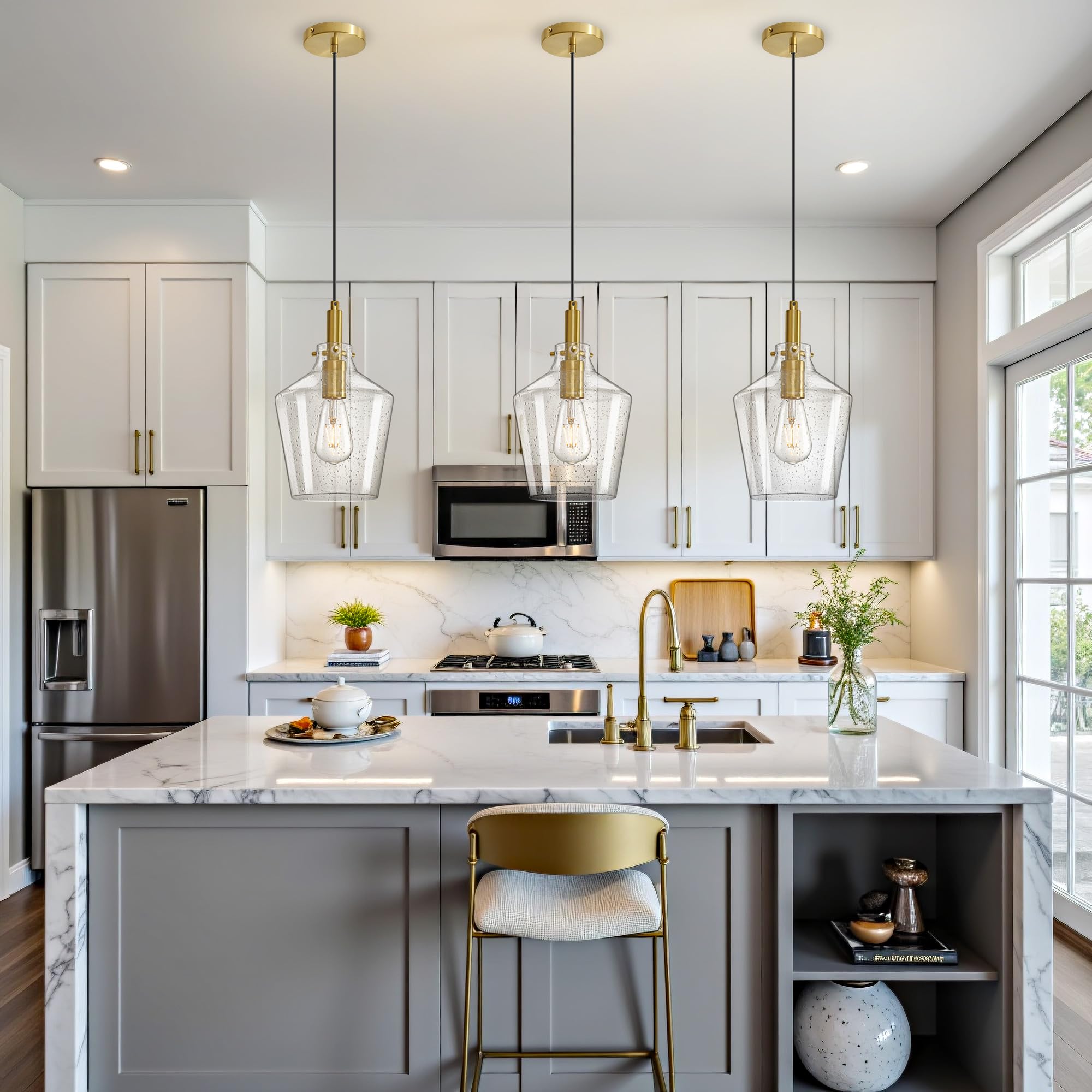 Vaziden Modern Seeded Glass Pendant Lighting For Kitchen Island 1 Pack  Farmhouse Gold Pendant Light Fixtures  Height Adjustable Ceiling Pendant Light  Angled Seeded Glass Shades 8 Inch