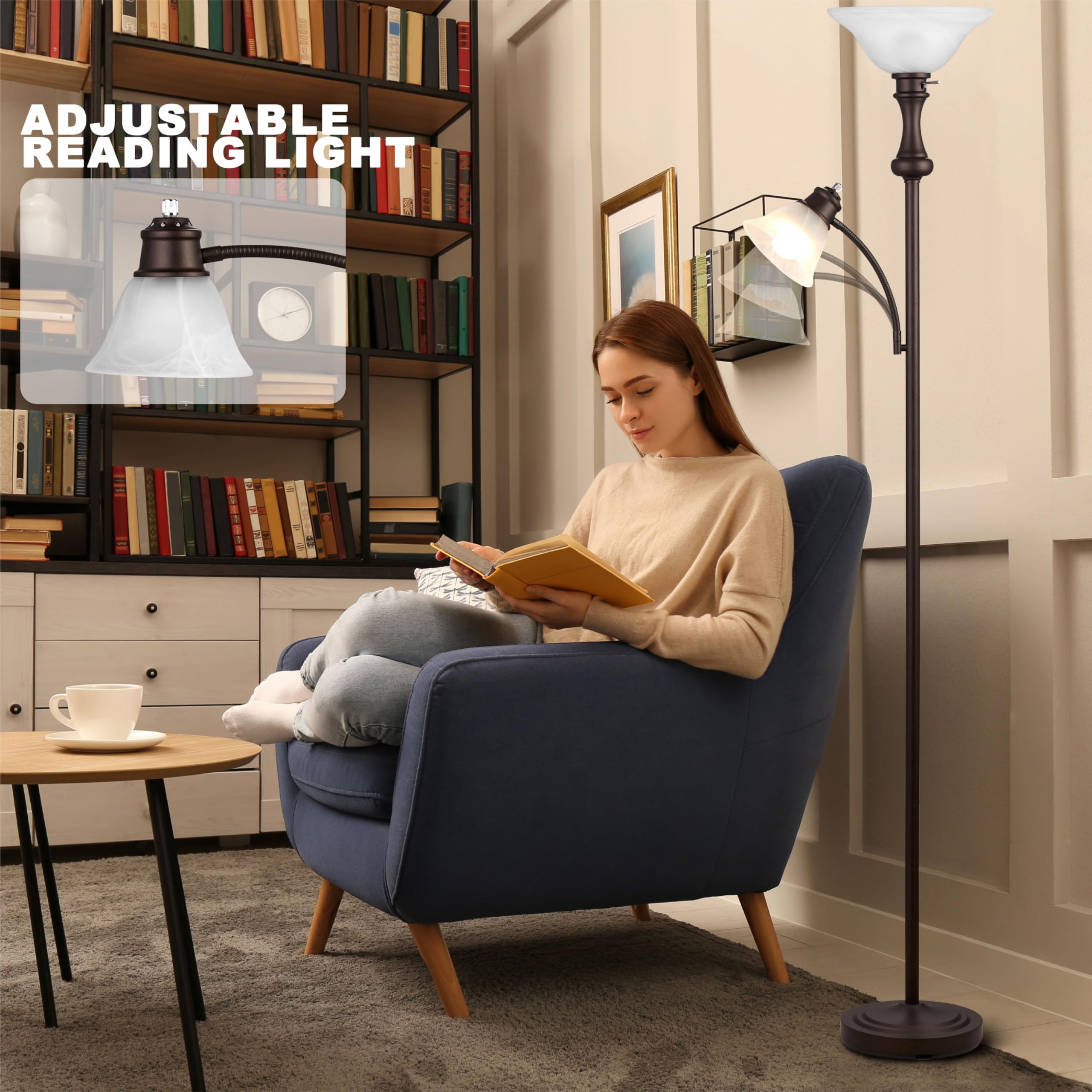 Leasgy 71 Torchiere Floor Lamp For Bedroom With Glass Shade  Tall Floor Lamps For Living Room With Adjustable Angle Arc Reading Light  Modern Standing Light  Knob Switch  Bulb Included  Red Brown