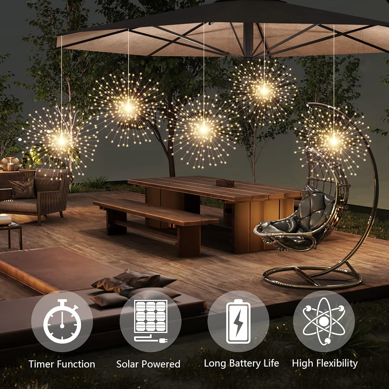 PXBNIUYA Solar Starburst Sphere Lights, 600 LED, Remote Control, 8 Modes, Waterproof, 3 Pack, Warm White