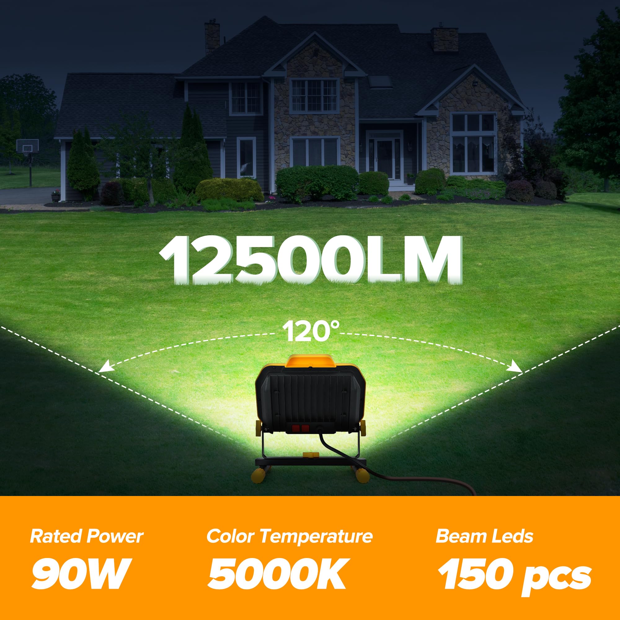 Lutec 12500 Lumen Led Work Light, Dimmable Flood Lights With 3 Brightness Levels, Ip65 Waterproof Portable Job Site Lights With