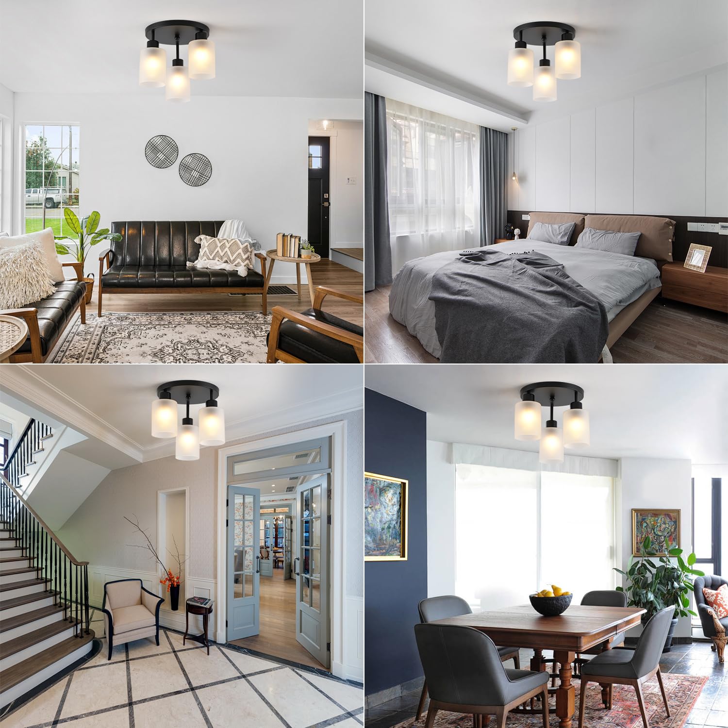 Ihengyanlt 3-Light Industrial Farmhouse Black Matte Light Fixtures Ceiling Mount, With Frosted Glass Shades Semi Flush Mount Cei