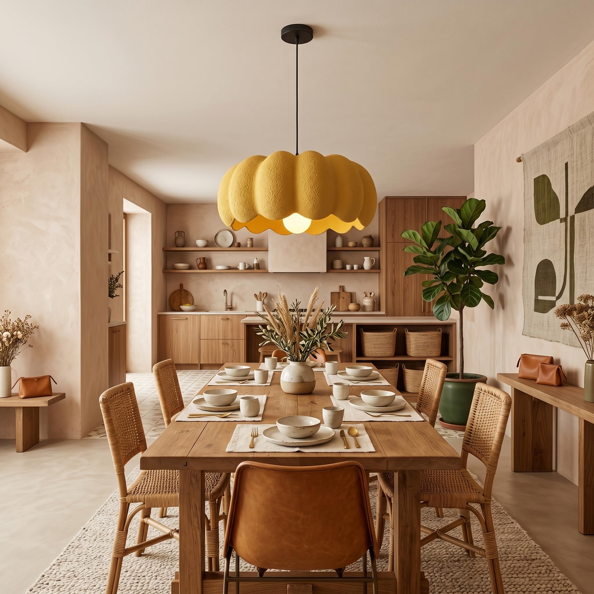 JAYMP Yellow Pumpkin Shape Pendant Light for Dining Room Kitchen Island Hallway Farmhouse Style Hanging Lamp E26 Base, 40cm/15.8