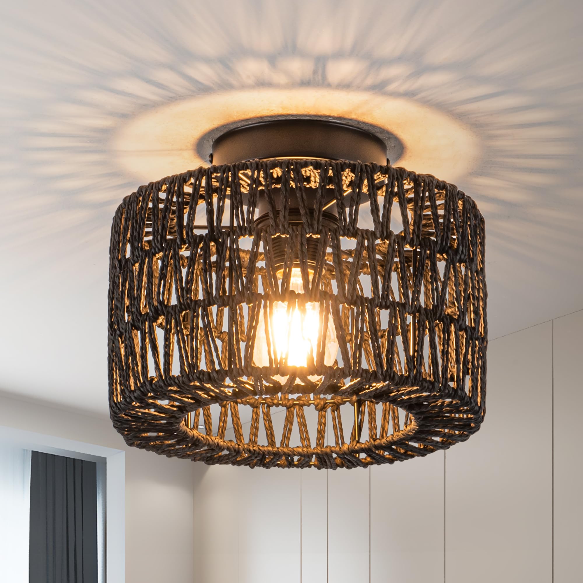 Rpzloila Rattan Ceiling Light, 1 Light Farmhouse Woven Flush Mount Ceiling Light, Boho Light Fixture for Bedroom Living Room Hal