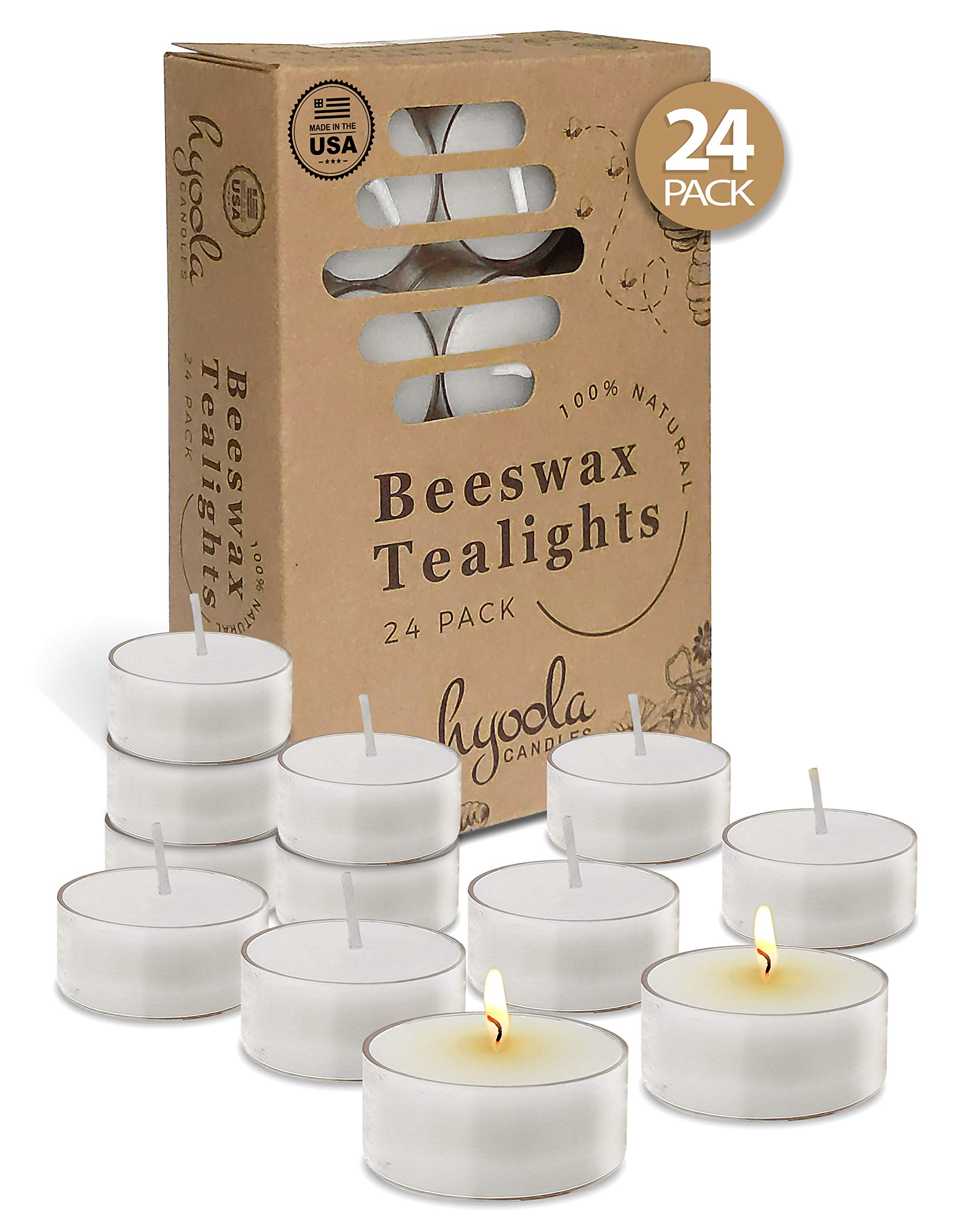 Hyoola Pure White Beeswax Tea Lights - 24 Pack - Handmade Decorative Unscented - Tealight Candles - 4 Hour Burn Time  Clear Cup