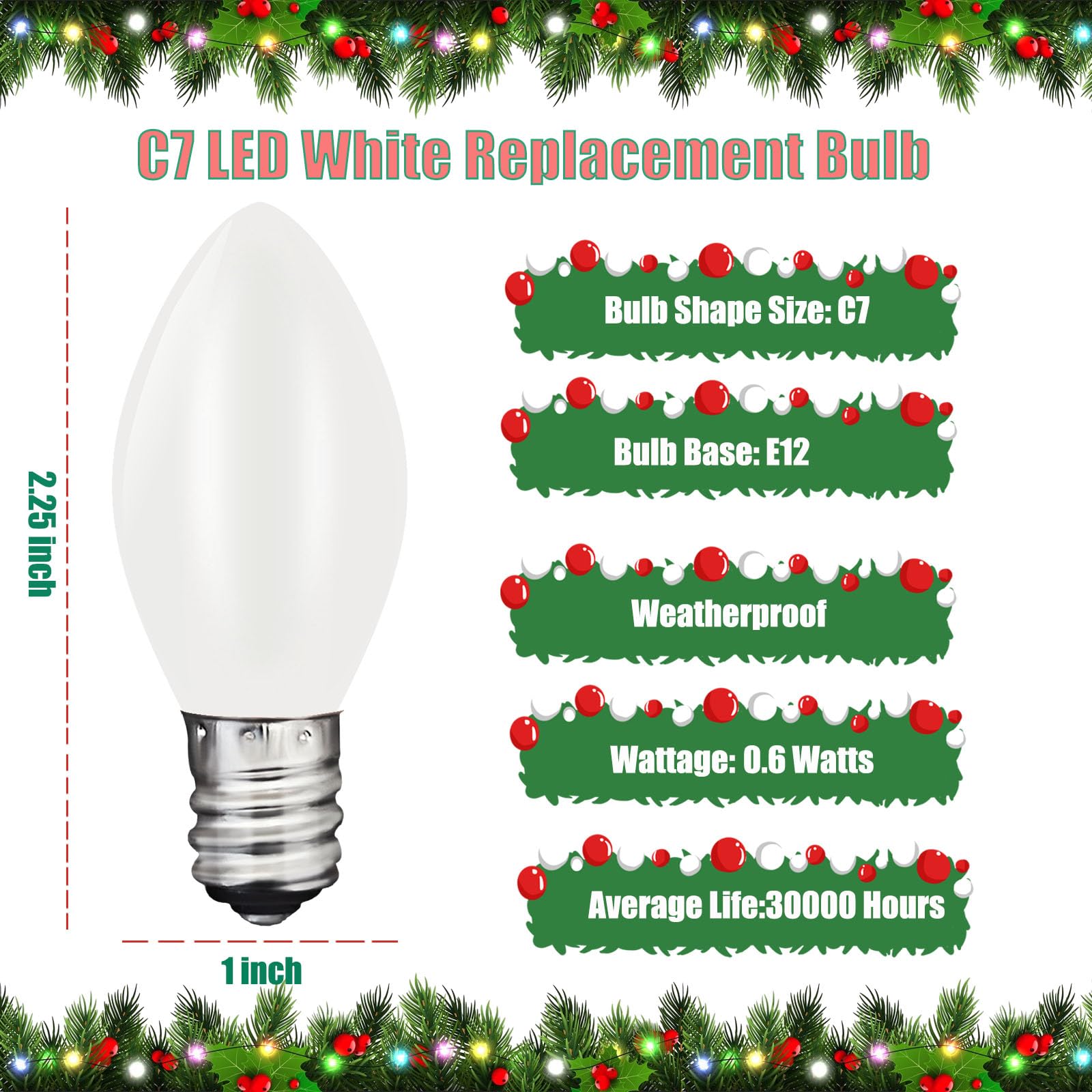 25 Pack C7 Led Replacement Light Bulbs, 0.6W Energy-Saving Led White Replacement Light Bulbs For Outdoor Christmas String Lights