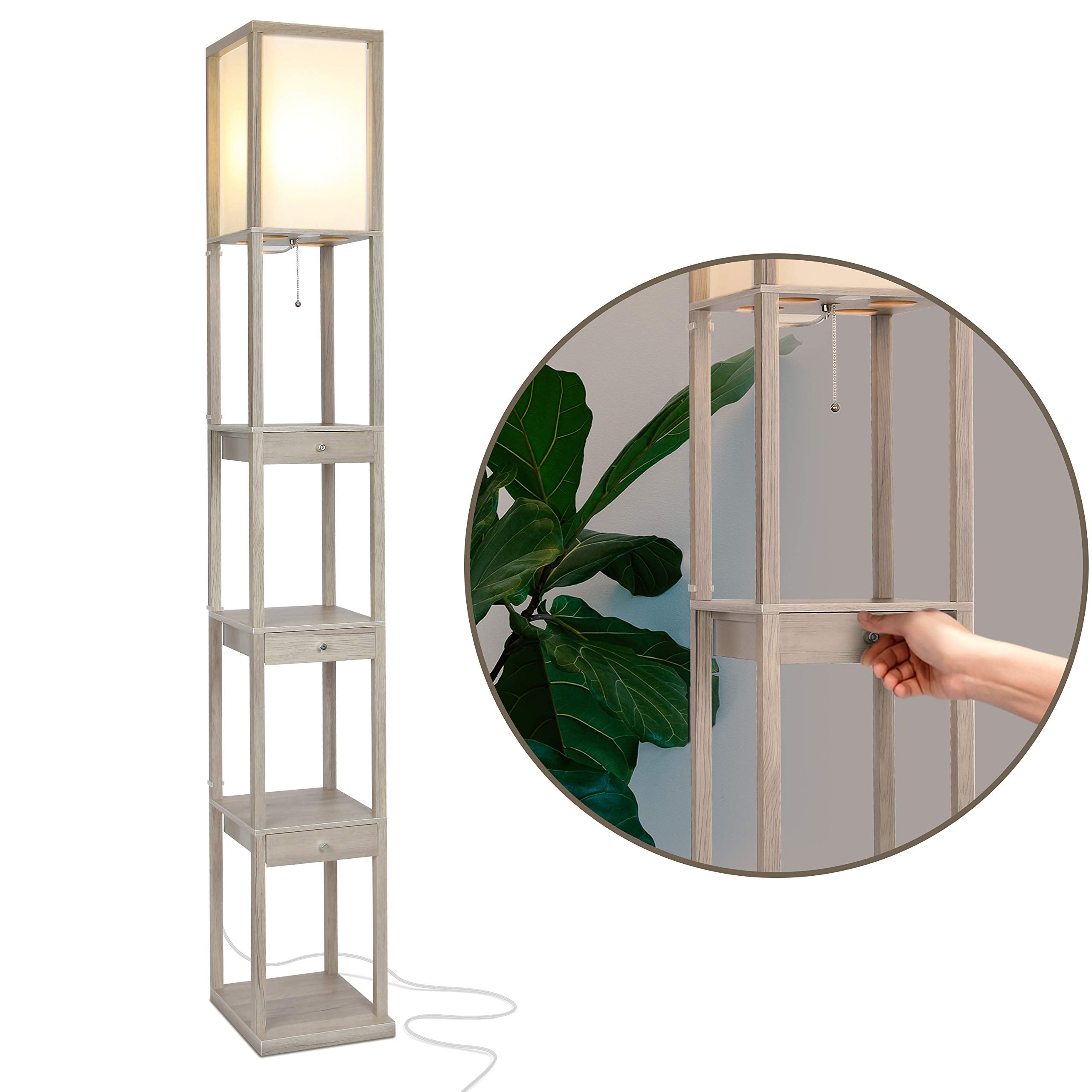 Brightech Maxwell Drawer Edition Floor Lamp - Modern Shelf Lamp with Drawer, Rustic Wood, Model FL-MXDR-RW