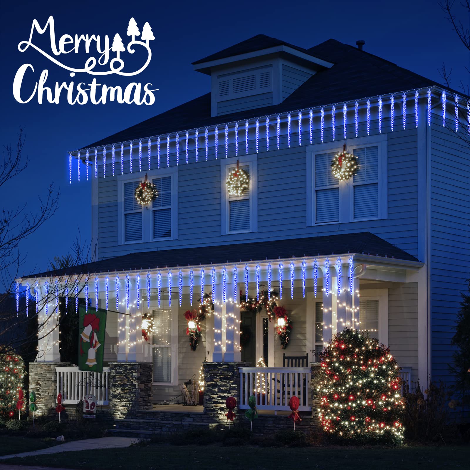 Brightown 10Ft Christmas Icicle Lights, Blue Meteor Shower Effect, 10 Tubes for Outdoor Eave Roofline Decorations