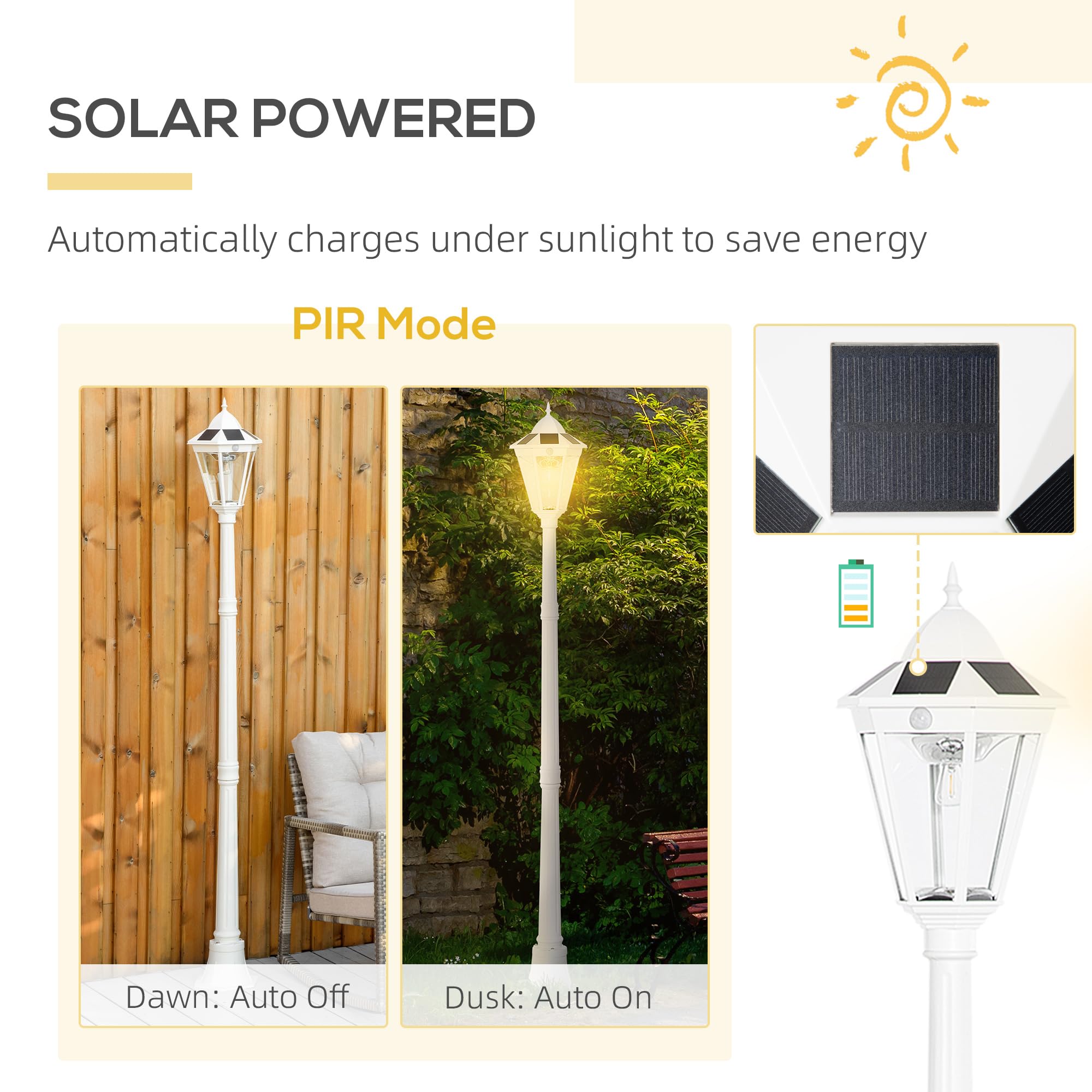 Outsunny 77" Solar Lamp Post Light, Waterproof Aluminum Vintage Design, Motion Activated, Adjustable Brightness, White
