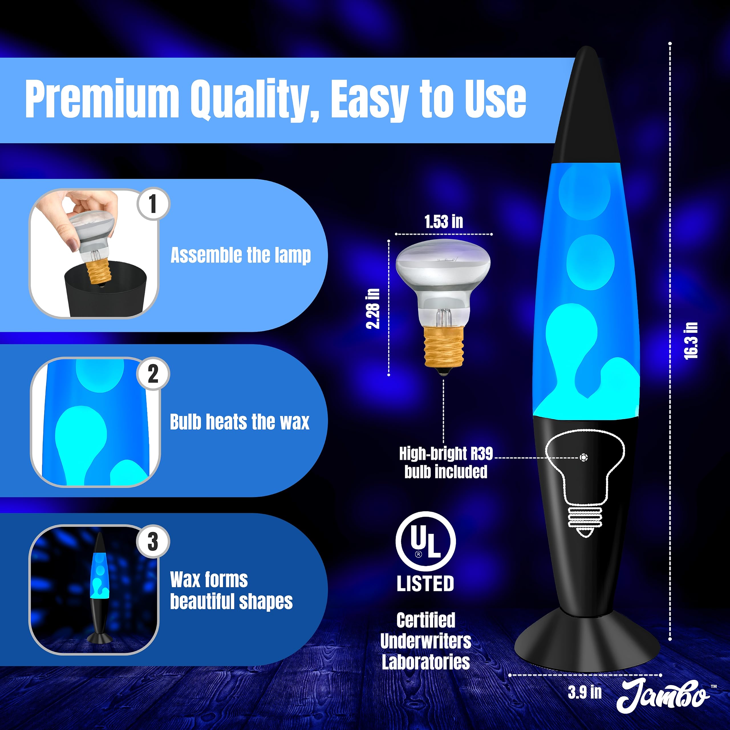 JAMBO 16in Liquid Lamp - Blue with White Wax, Black Base, Model 58000, Relaxing Night Light for Home Decor