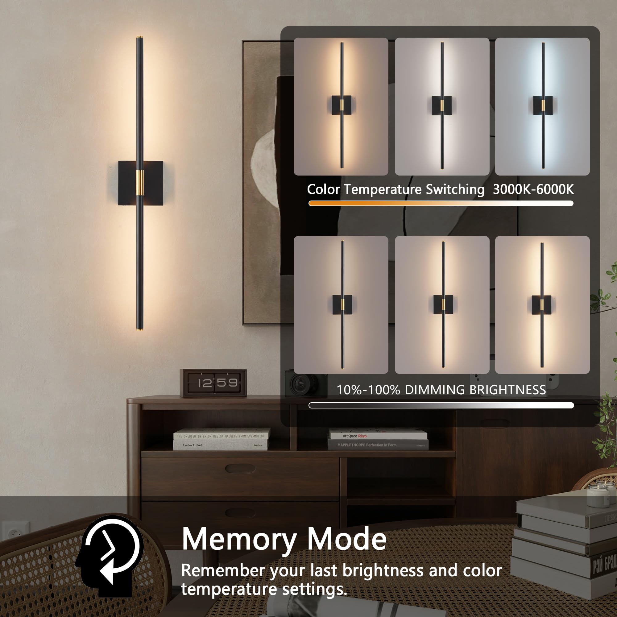 Battery Operated Black & Gold Wall Sconces Set Of 2, 30'' Wireless Rechargeable Wall Lights With Remote Control, 3000K-6000K Ste