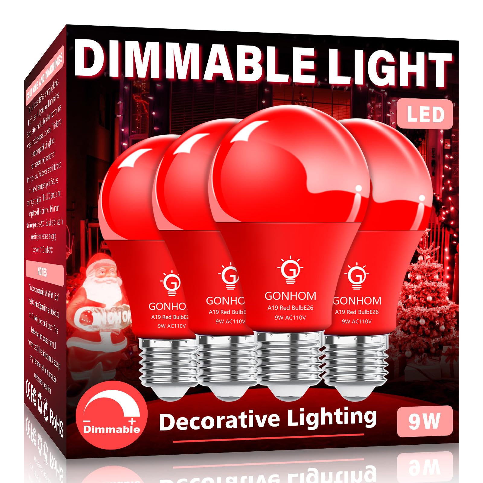 Gonhom 4 Pack Red Led Light Bulbs, 9W Equivalent, E26 Base For Holiday & Decorative Lighting