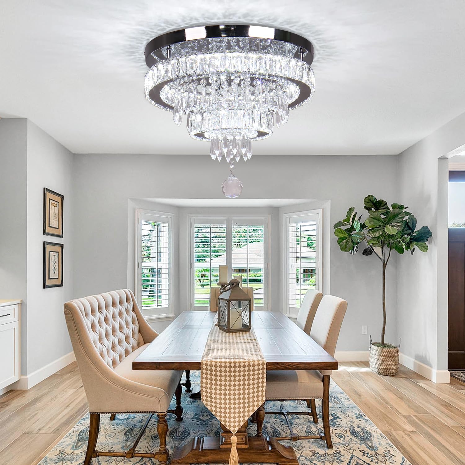 Finktonglan 16&quot; Crystal Chandelier, Led Semi Flush Mount Ceiling Light For Bedrooms & Dining Room