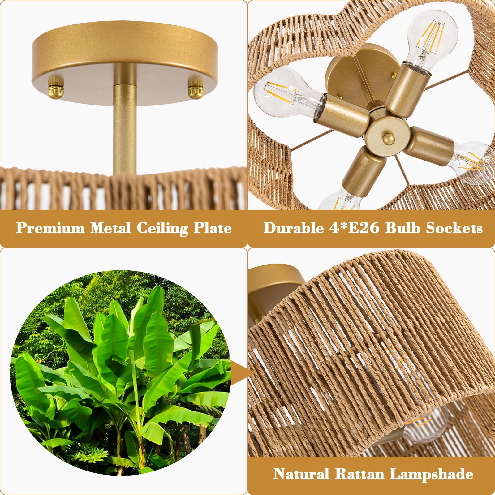 Sytpplan 4-Light Rattan Light Fixtures Ceiling Light, 15'' Semi Flush Mount Ceiling Light Wicker Boho Light Fixture With Hand-Wo