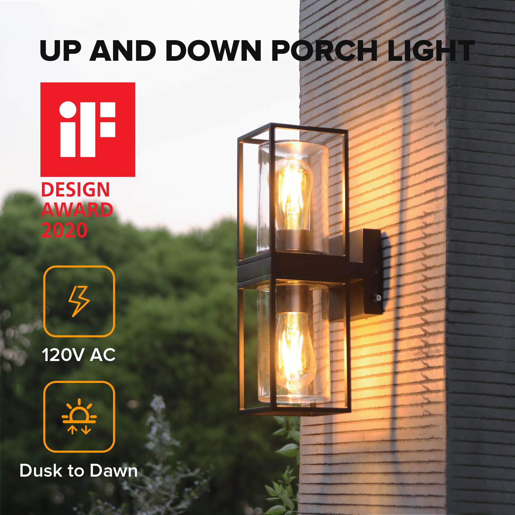 LUTEC Up and Down Outdoor Wall Lantern, Dusk to Dawn Sensor, Waterproof, Black, Model 5288820012