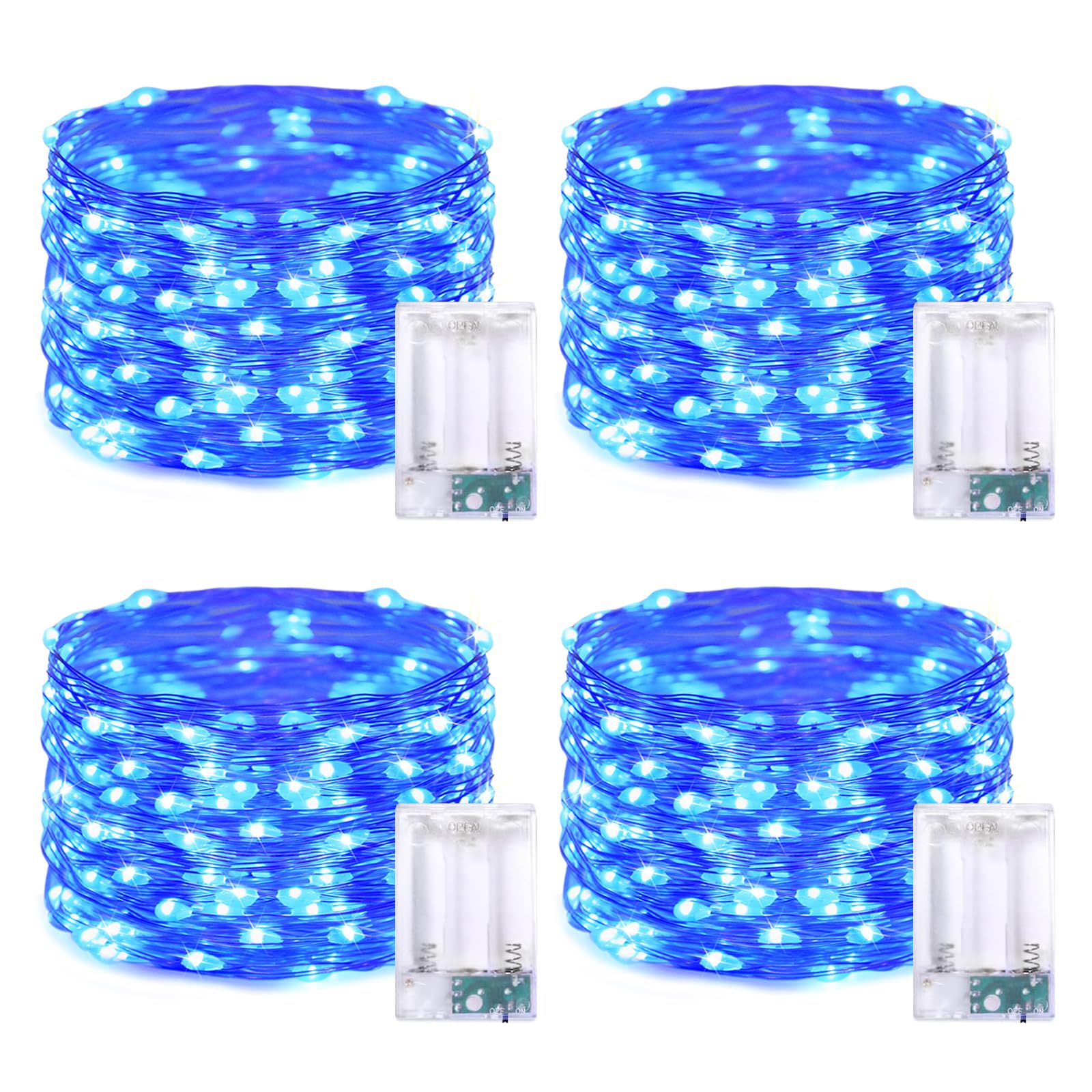 JMEXSUSS 4 Pack 50 LED Fairy Lights Battery Operated Silver Wire 16.1ft Waterproof Blue Christmas Lights for Party Wedding Indoor Outdoor Decorations