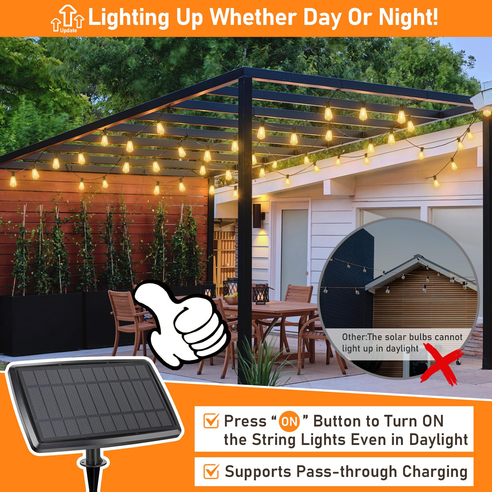 150Ft Solar String Lights For Outside, Solar Powered Patio Lights With 52 Shatterproof St38 Edison Bulbs & Remote Control,Dimmab