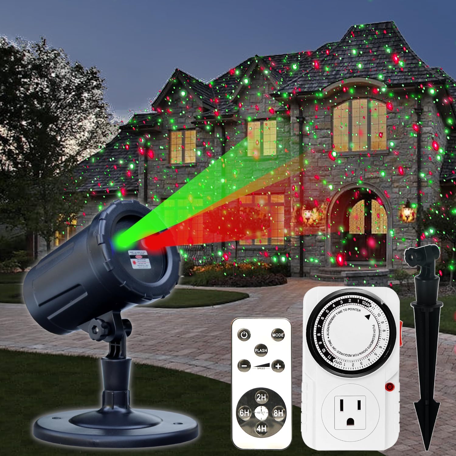 Christmas Projector Laser Lights Outdoor - Outlet Timer and Remote Included - 18 Patterns - Red and Green