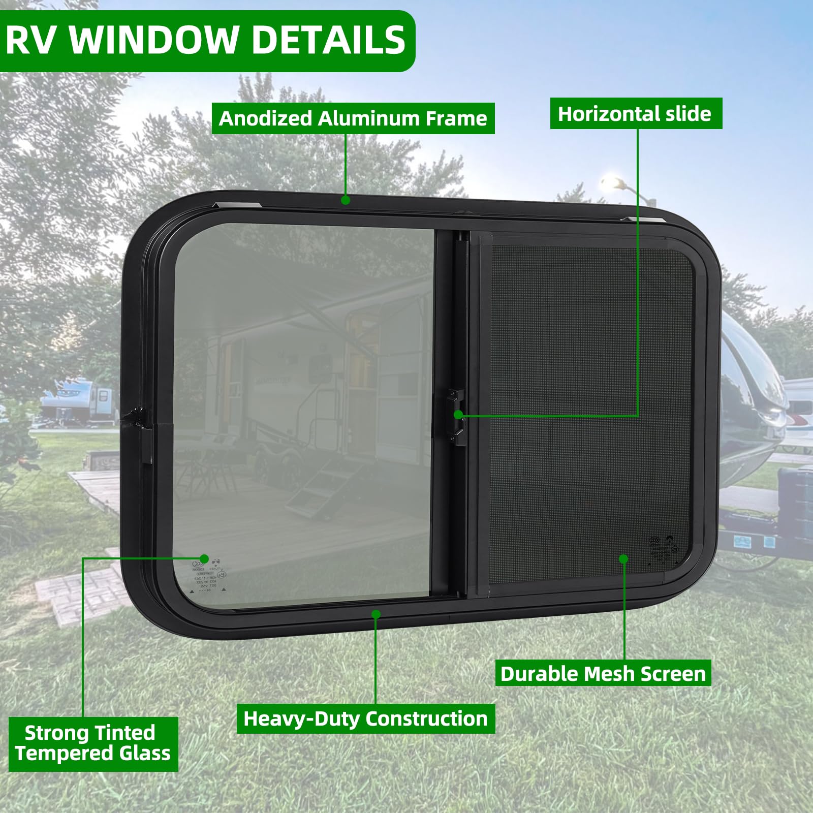 NOVINO RV Window - Horizontal Sliding Replacement for Trailer Camper, 30inW x 20inH, Black, Model NRW-005, with Screen & Trim Ring
