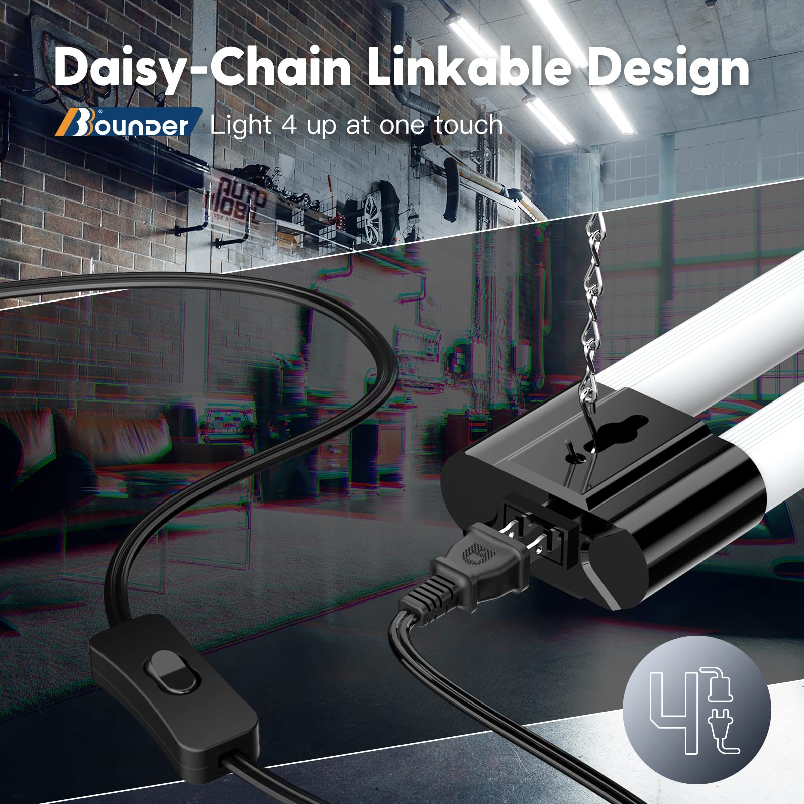 BBOUNDER Linkable LED Utility Shop Light 10 Pack, 4FT, 5000K Daylight, Black, Surface + Suspension Mount