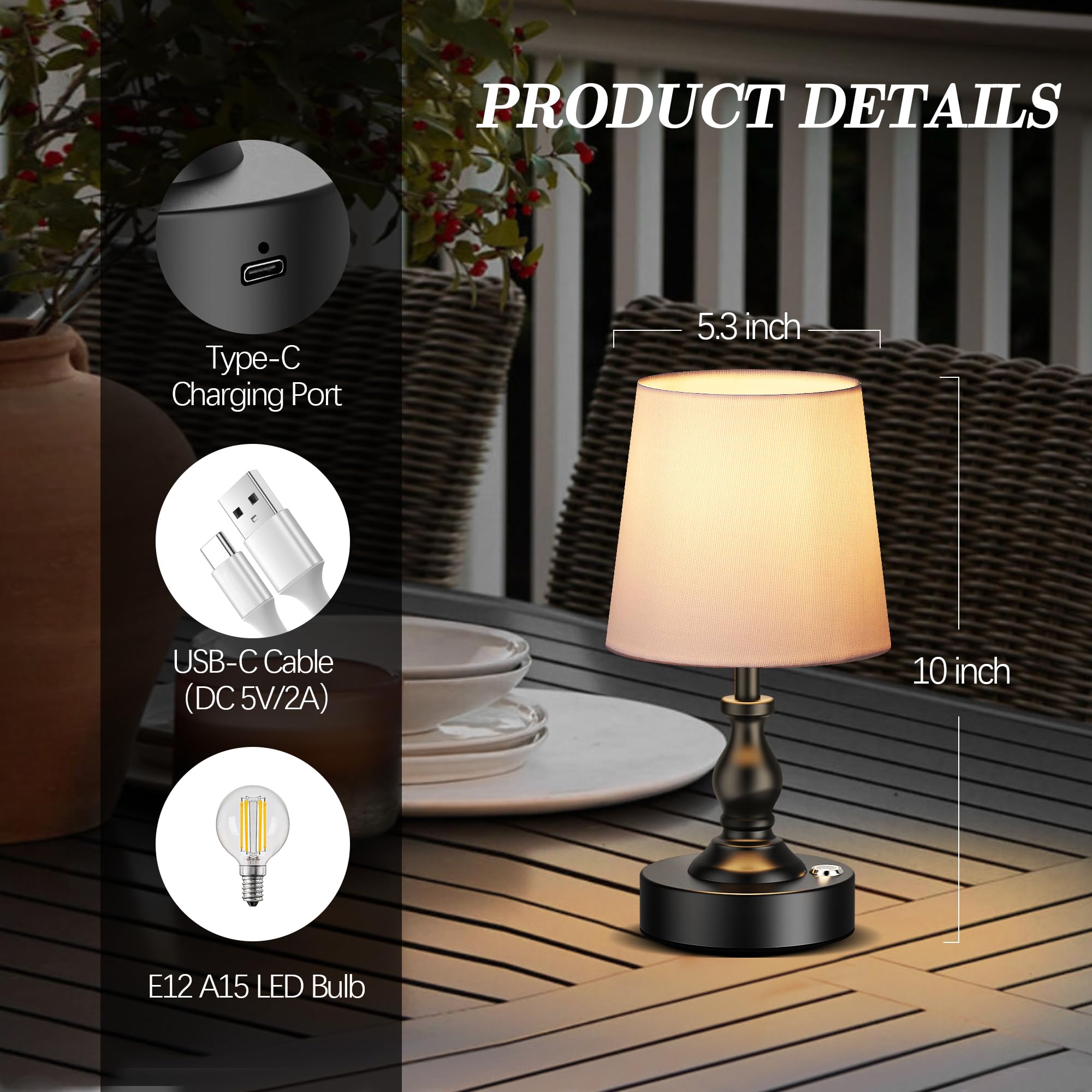 PARTPHONER Mini Cordless LED Table Lamp, 5200mAh Rechargeable, Touch Dimmable, Matte Black, Model STR-LP-TL001