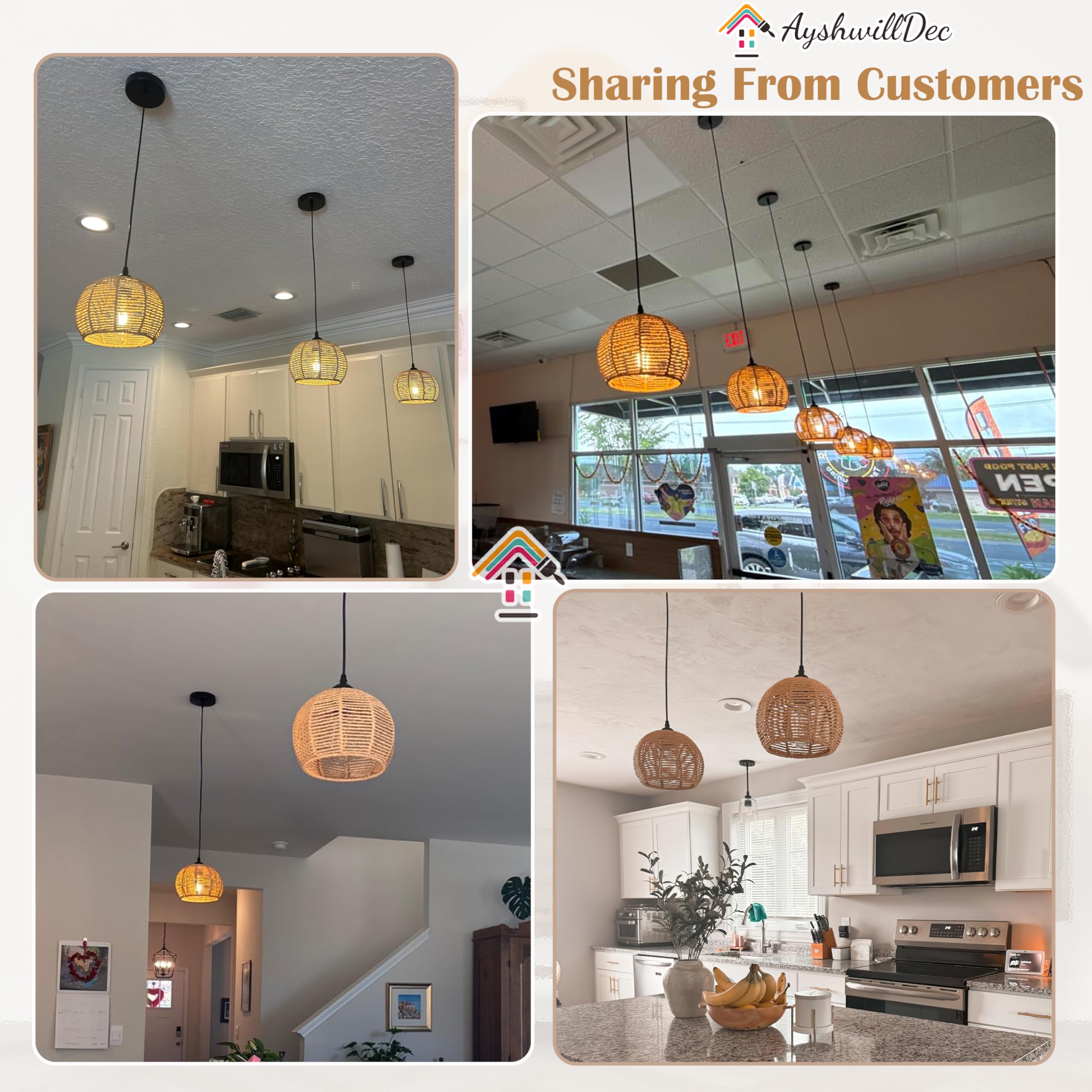 Ayshwilldec 3-Pack Natural Woven Wicker Pendant Lights, Boho Chandelier For Dining Room & Kitchen