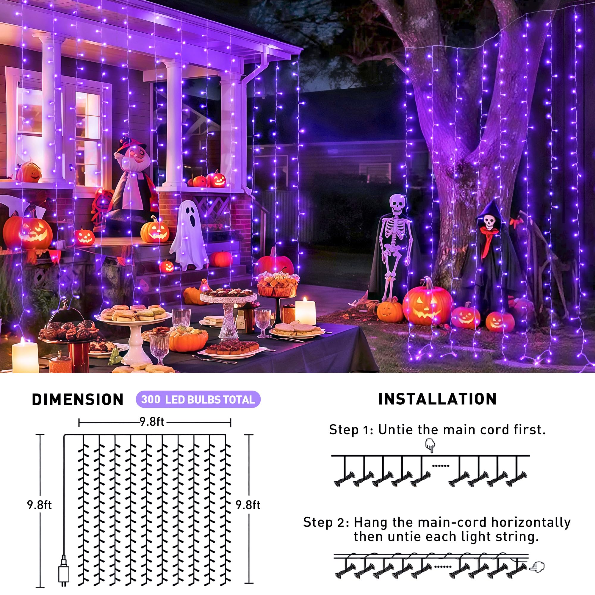 JMEXSUSS 300LED Purple Christmas Curtain Lights, 8 Modes, Remote Control, Plug-in, Ideal for Bedroom, Wall, Party Decorations