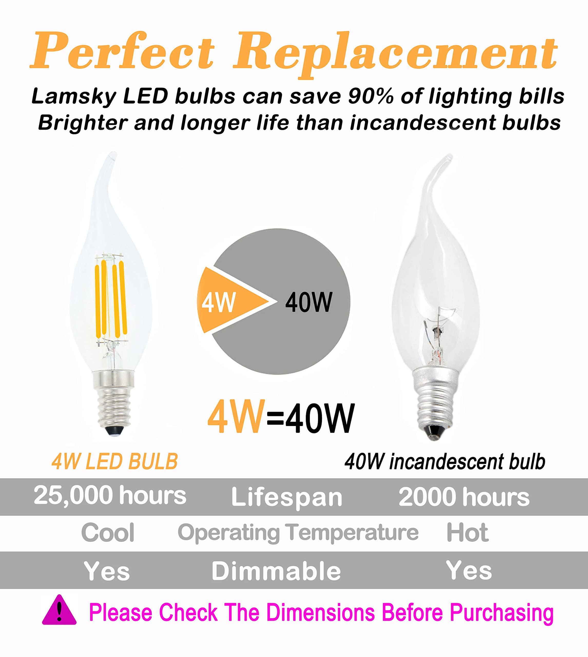 Lamsky E14 LED Bulb 4W Dimmable Warm White 2700K Flame Tip Candelabra 12-Pack