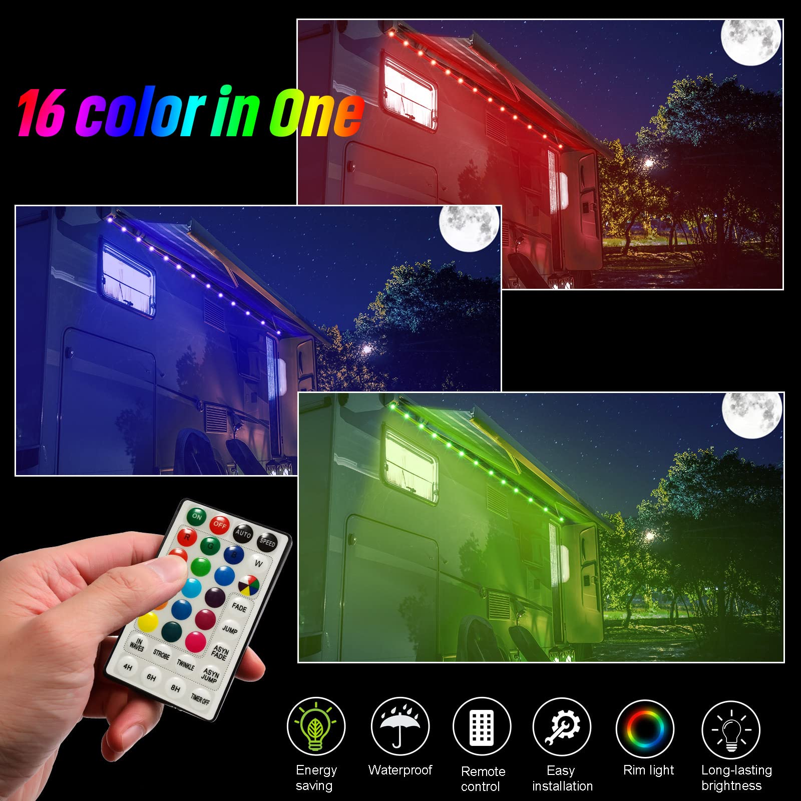 Waybelive LED RV Awning Lights, 16.4Ft Multicolor Strip Light, Remote Control, Waterproof, DC 12V, Model 3e83c7f8-33a